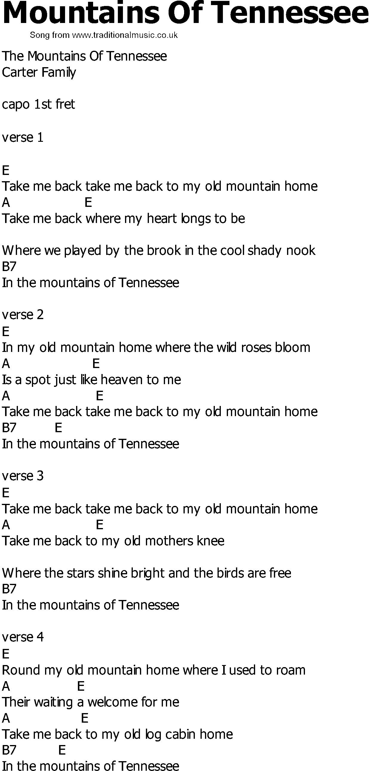 Old Country song lyrics with chords - Mountains Of Tennessee