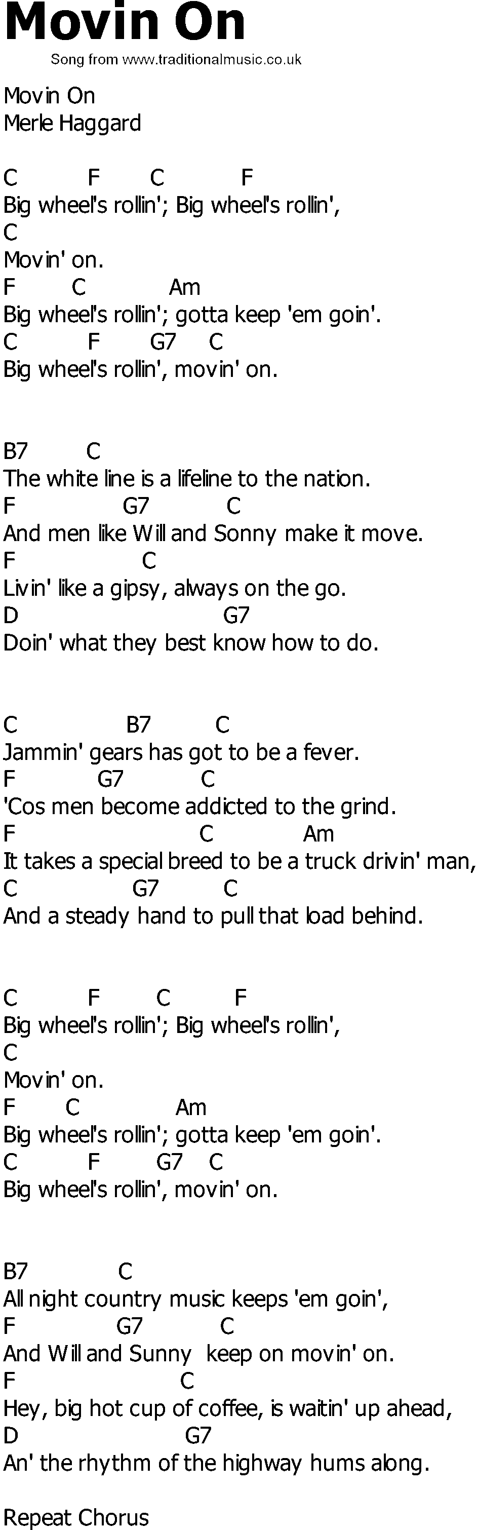 Old Country song lyrics with chords - Movin On