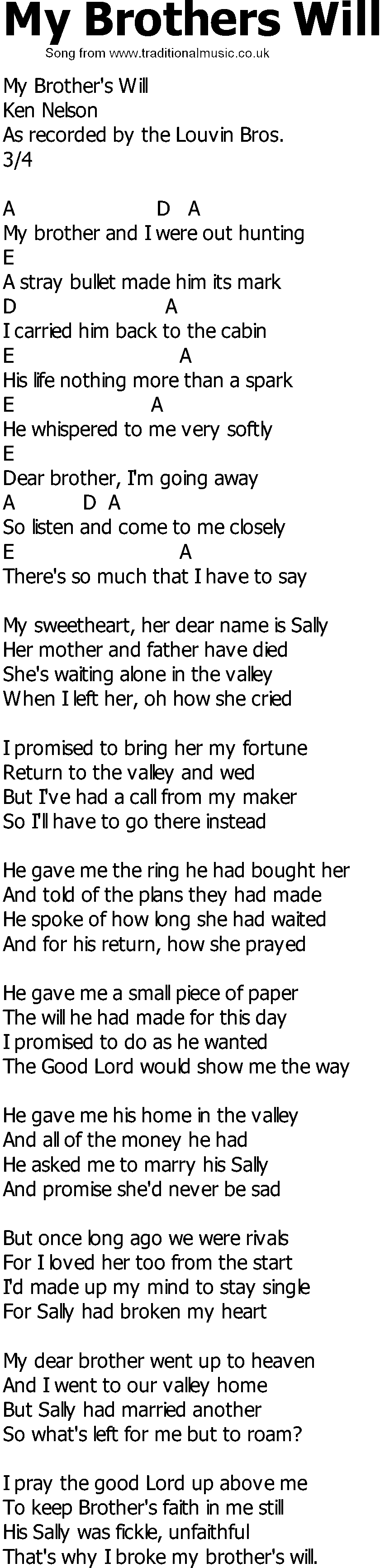 Old Country song lyrics with chords - My Brothers Will