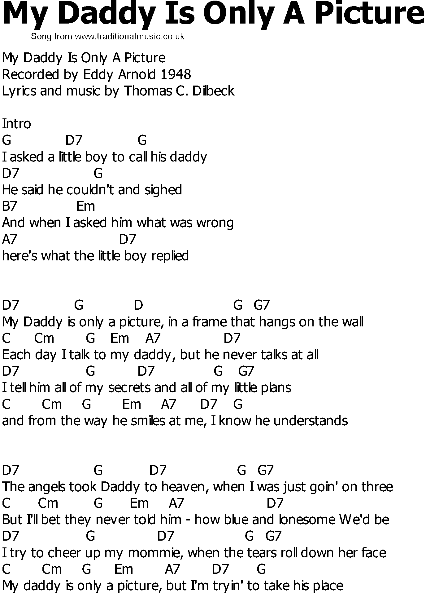 Old Country song lyrics with chords - My Daddy Is Only A Picture