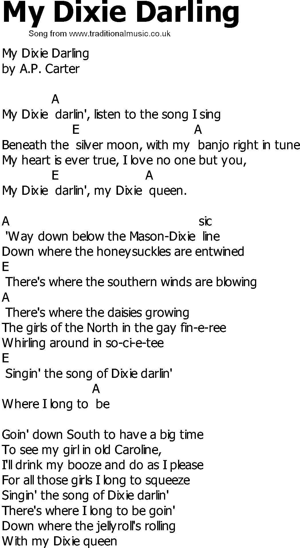 Old Country song lyrics with chords - My Dixie Darling