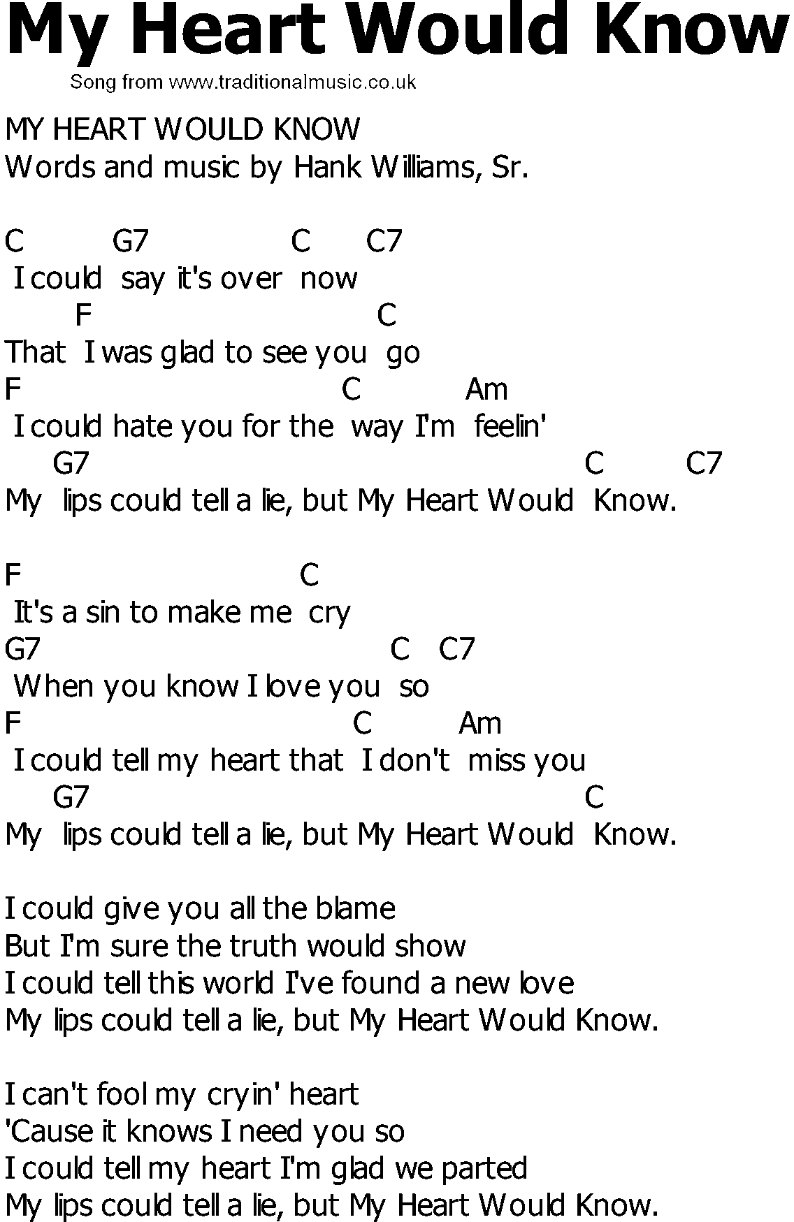 Old Country song lyrics with chords - My Heart Would Know