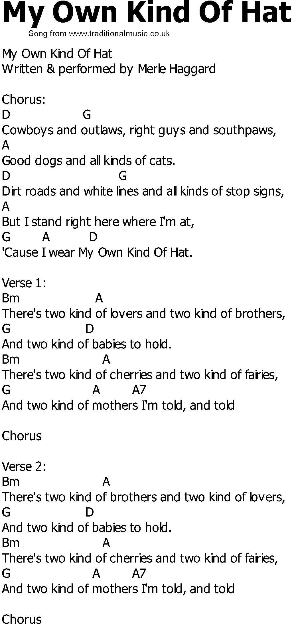 Old Country song lyrics with chords - My Own Kind Of Hat