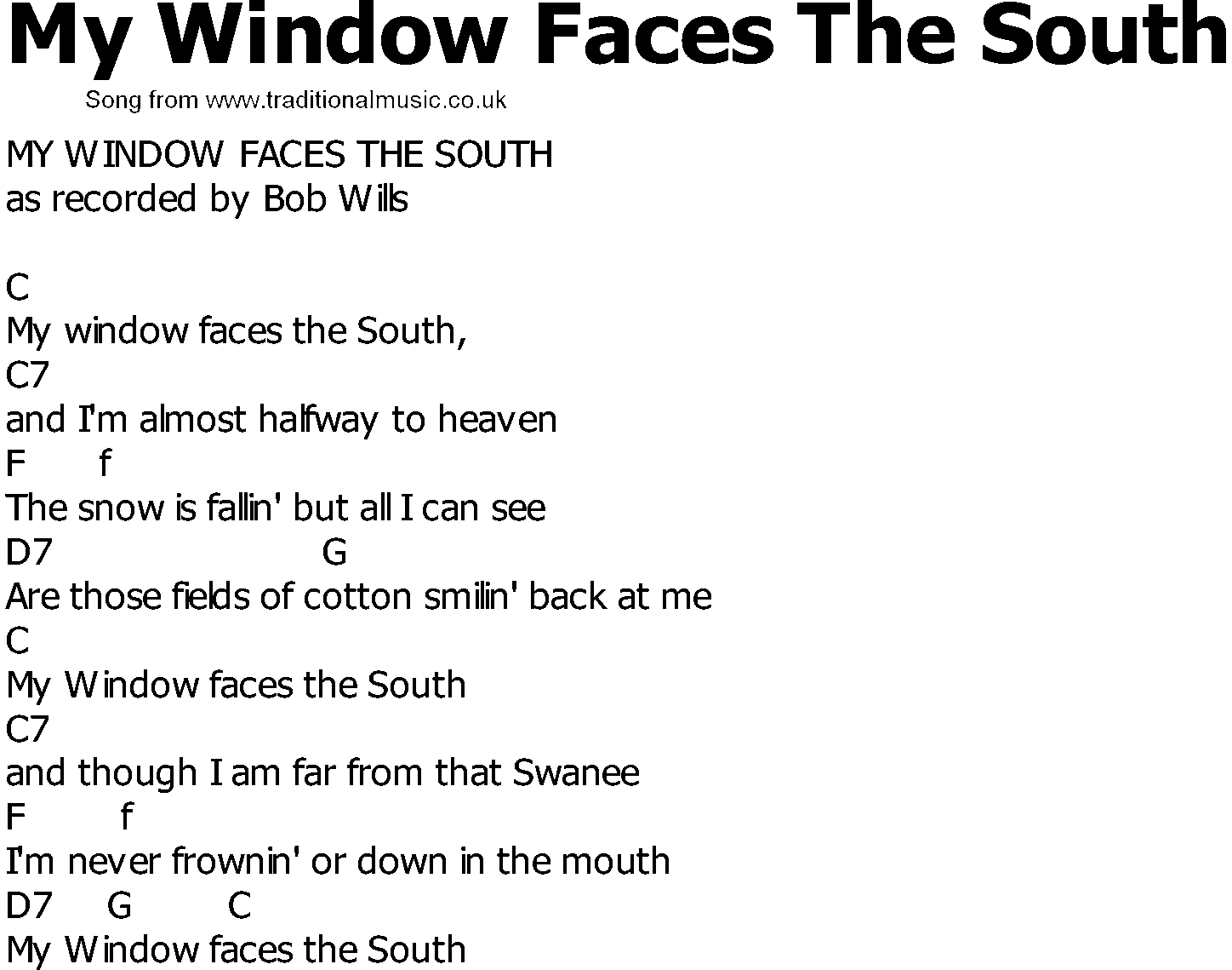 Old Country song lyrics with chords - My Window Faces The South