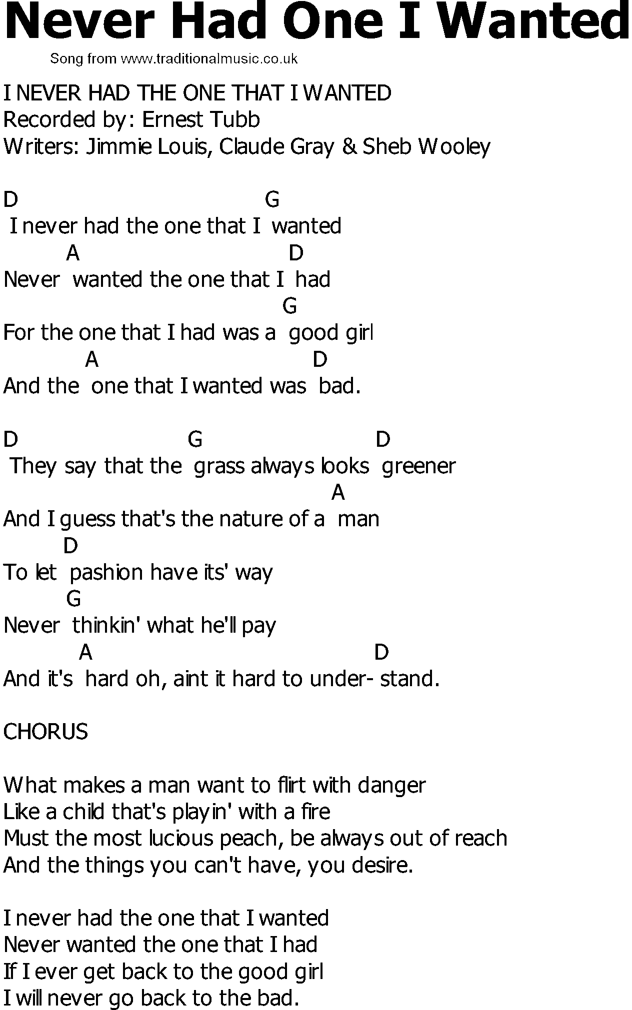 Old Country song lyrics with chords - Never Had One I Wanted