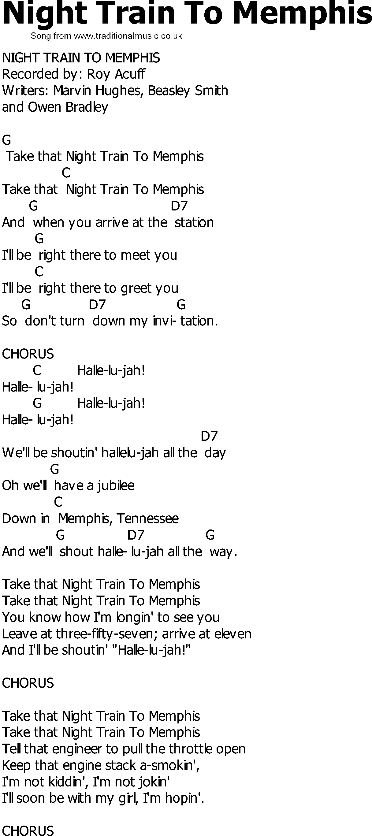 Old Country song lyrics with chords - Night Train To Memphis