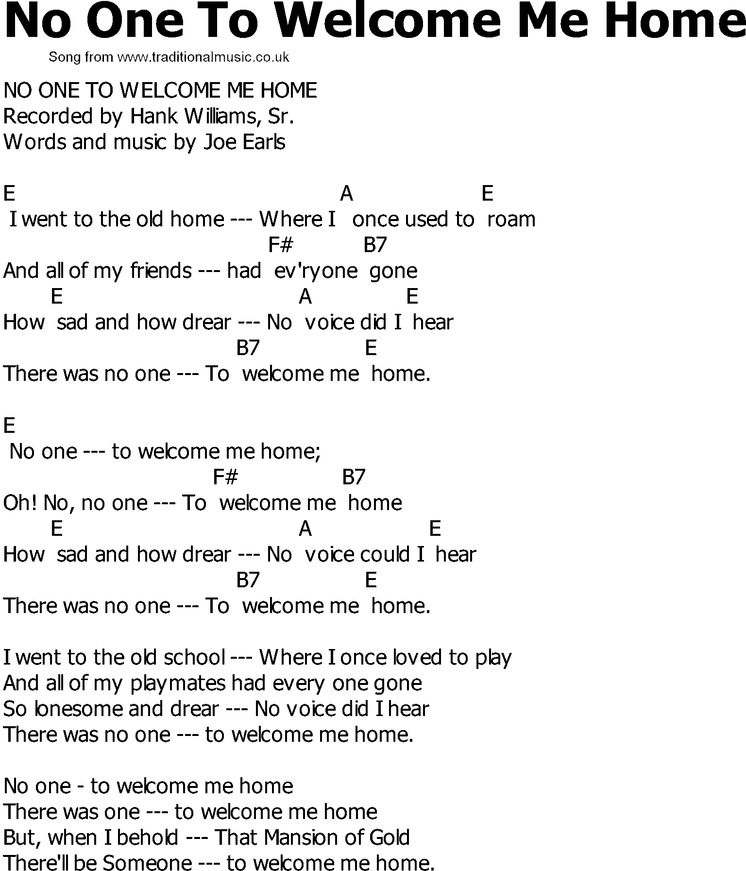 Old Country song lyrics with chords - No One To Welcome Me Home