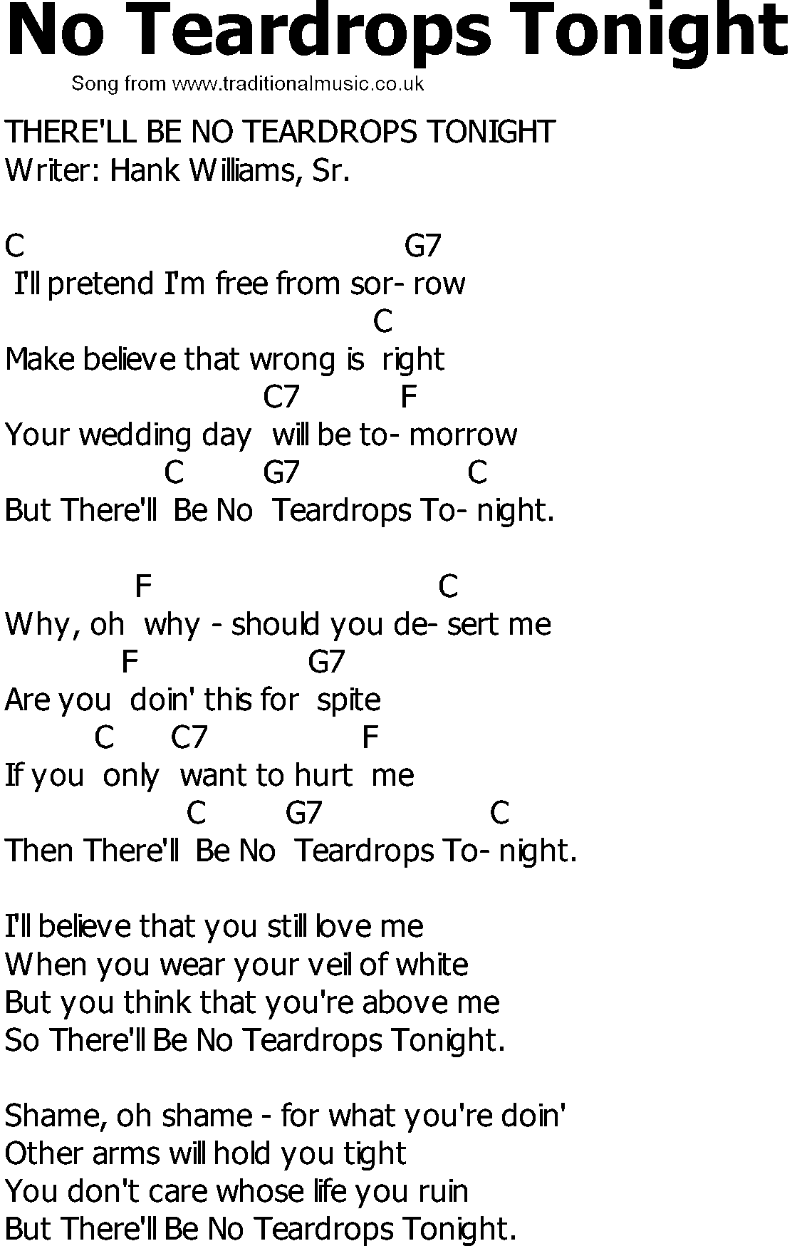 Old Country song lyrics with chords - No Teardrops Tonight
