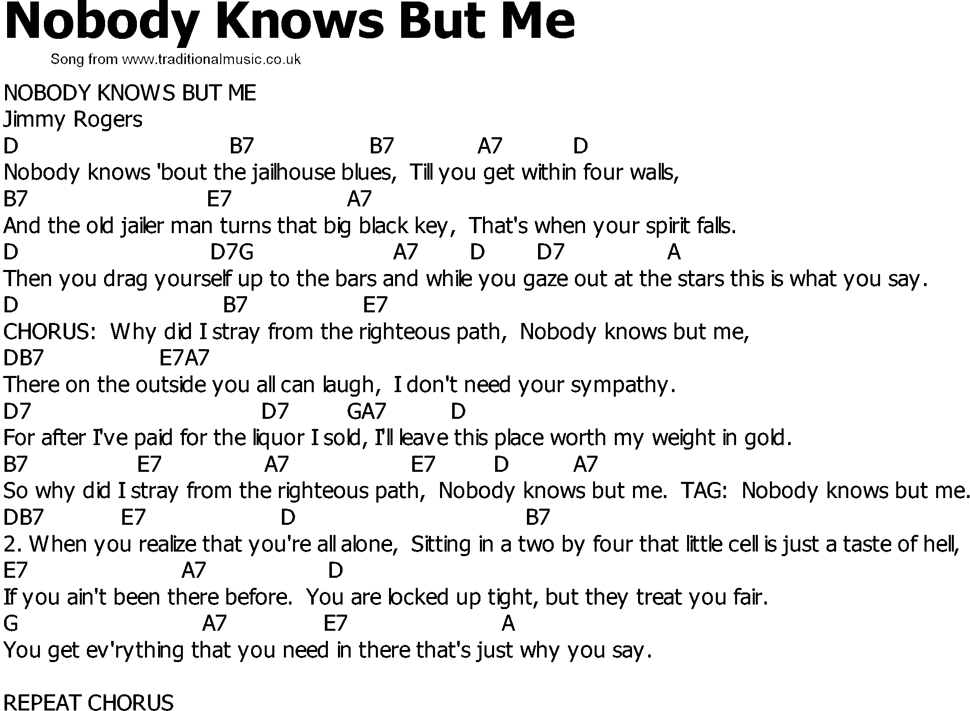 Old Country song lyrics with chords - Nobody Knows But Me