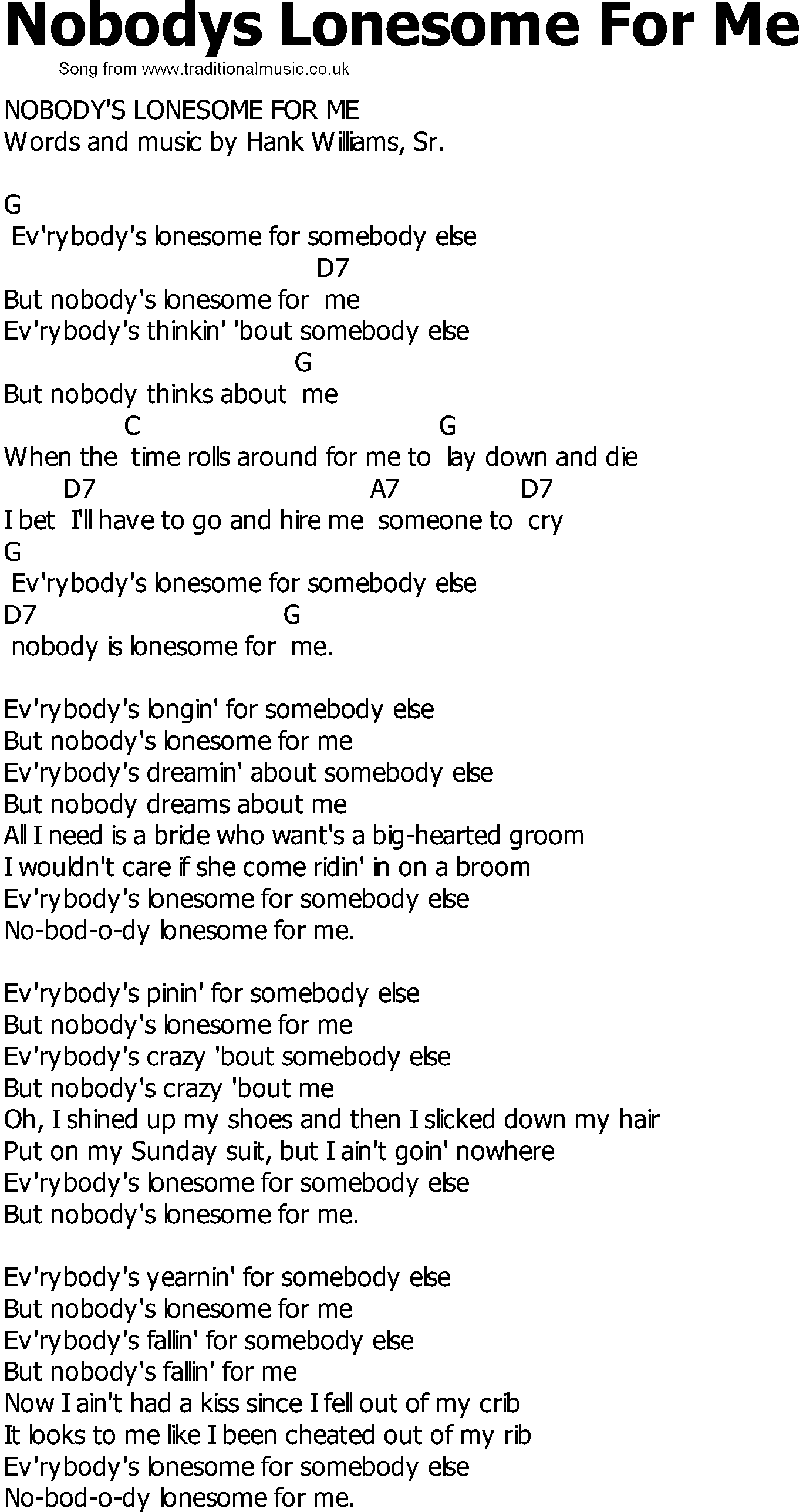 Old Country song lyrics with chords - Nobodys Lonesome For Me