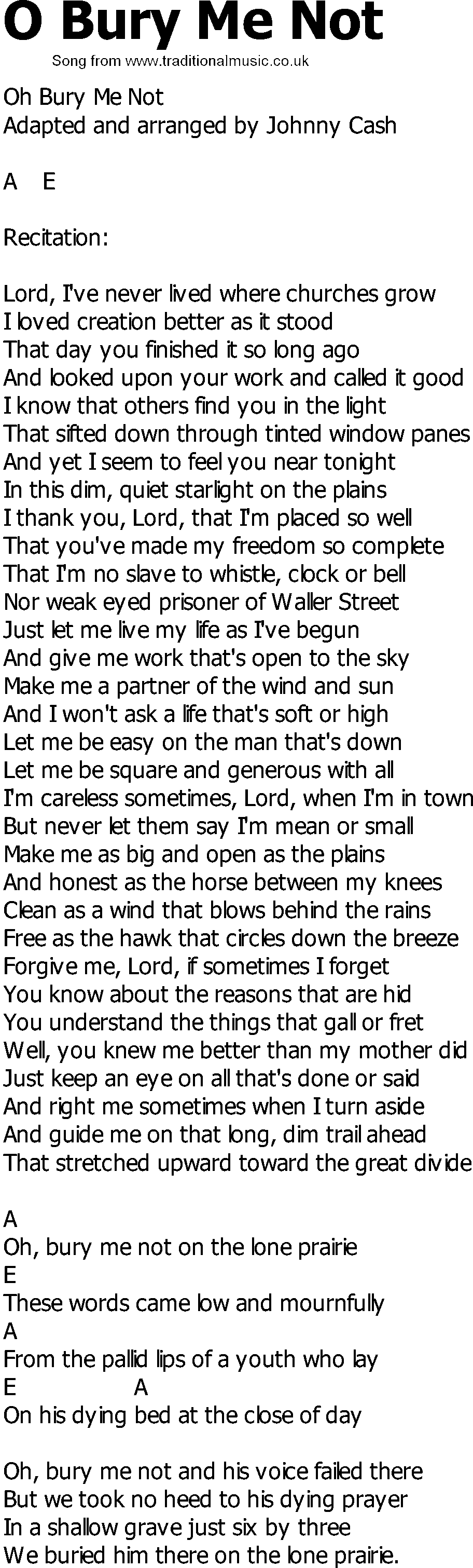 Old Country song lyrics with chords - O Bury Me Not