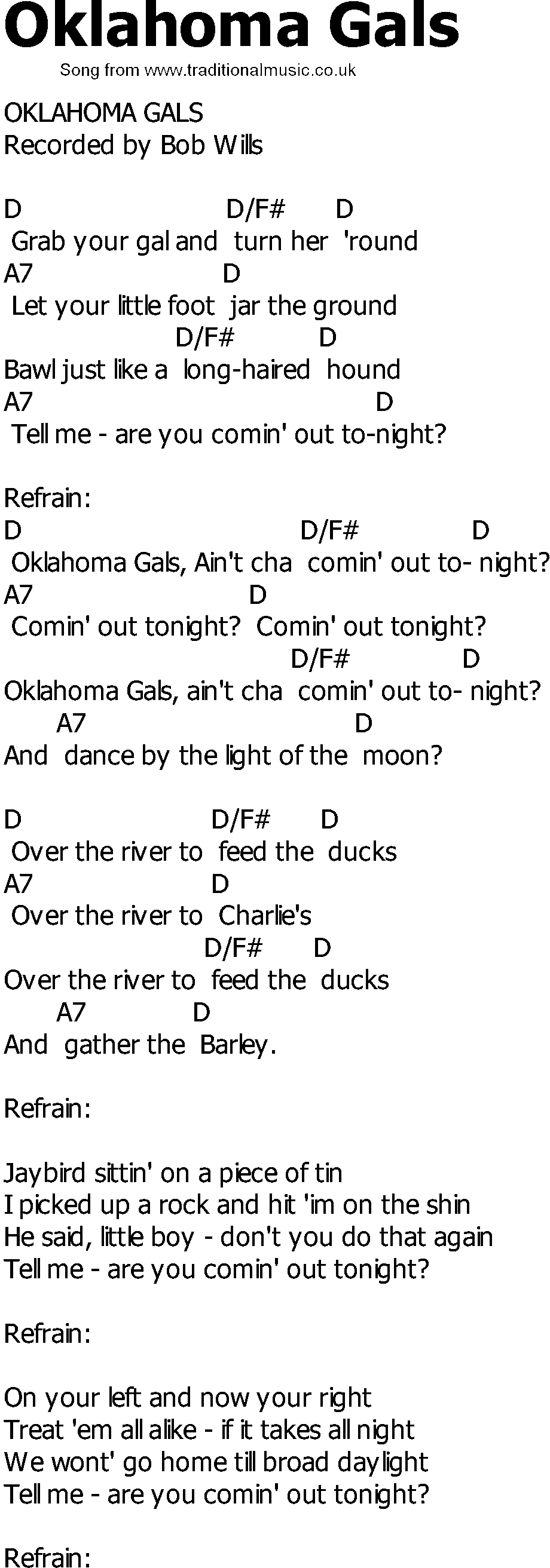 Old Country song lyrics with chords - Oklahoma Gals