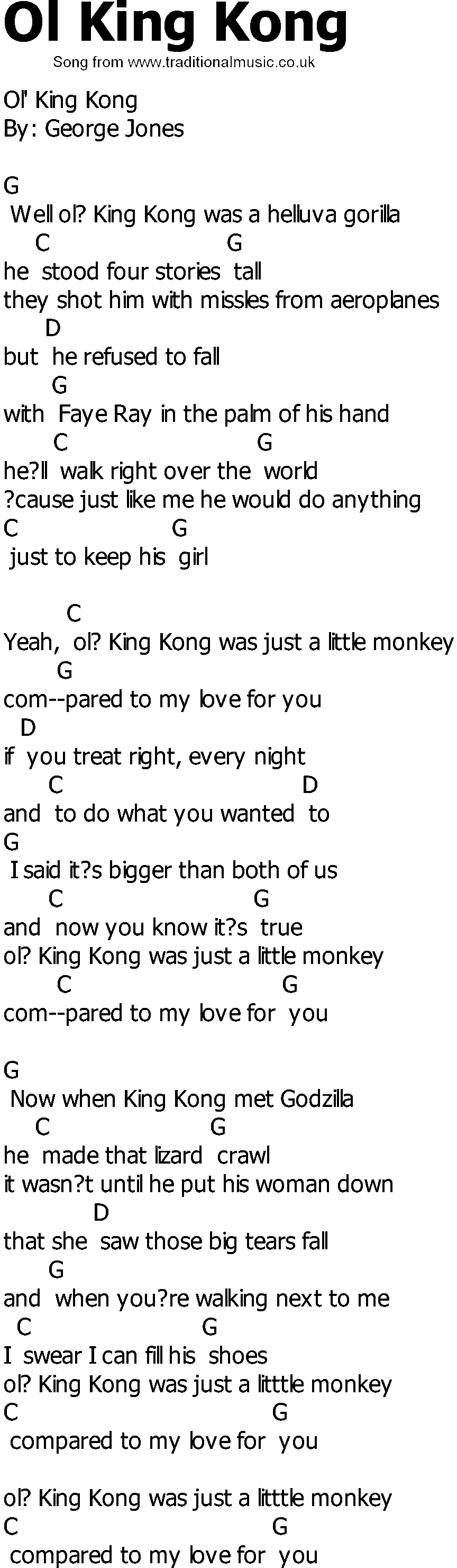 Old Country song lyrics with chords - Ol King Kong