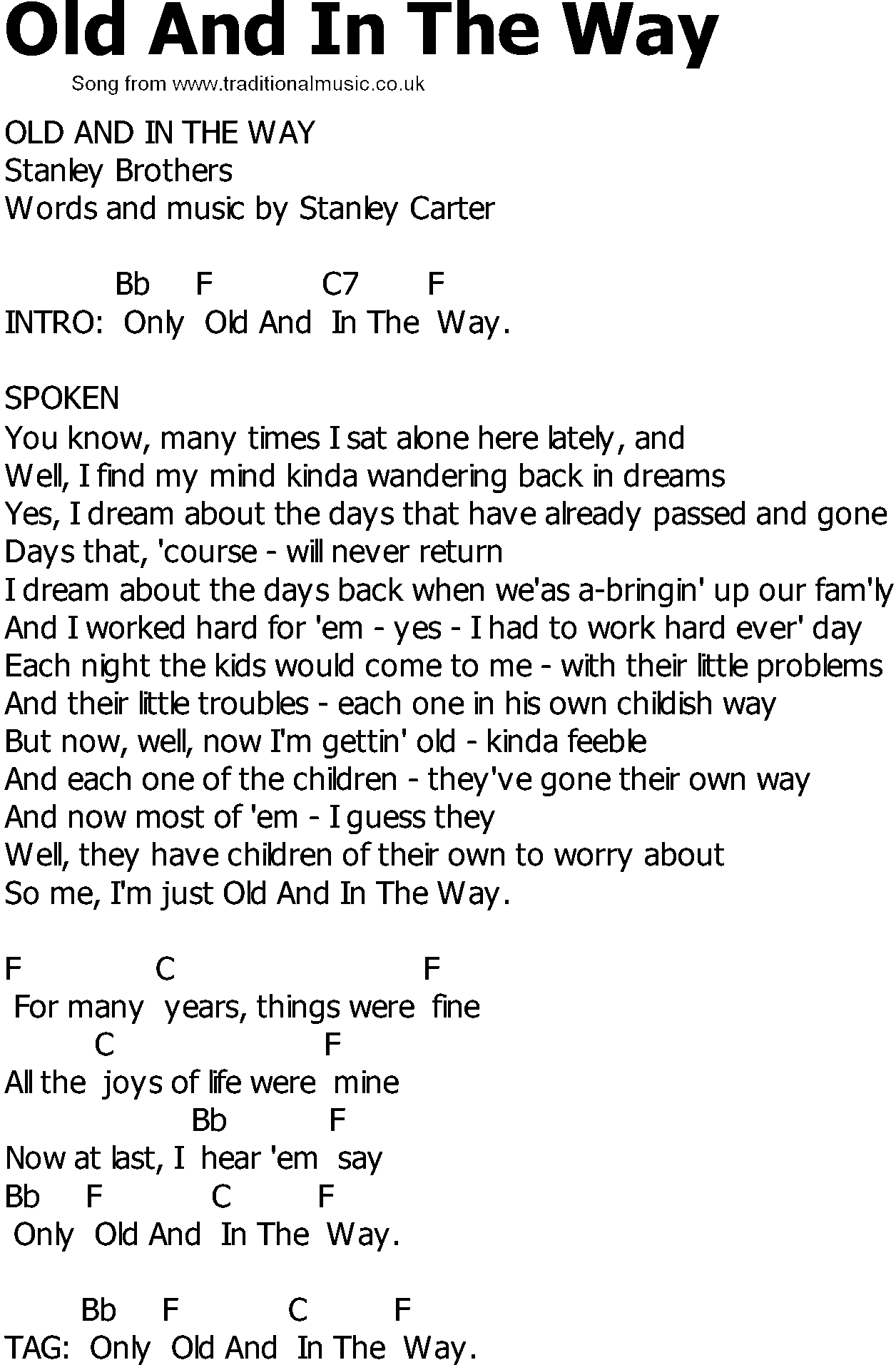 Old Country song lyrics with chords - Old And In The Way