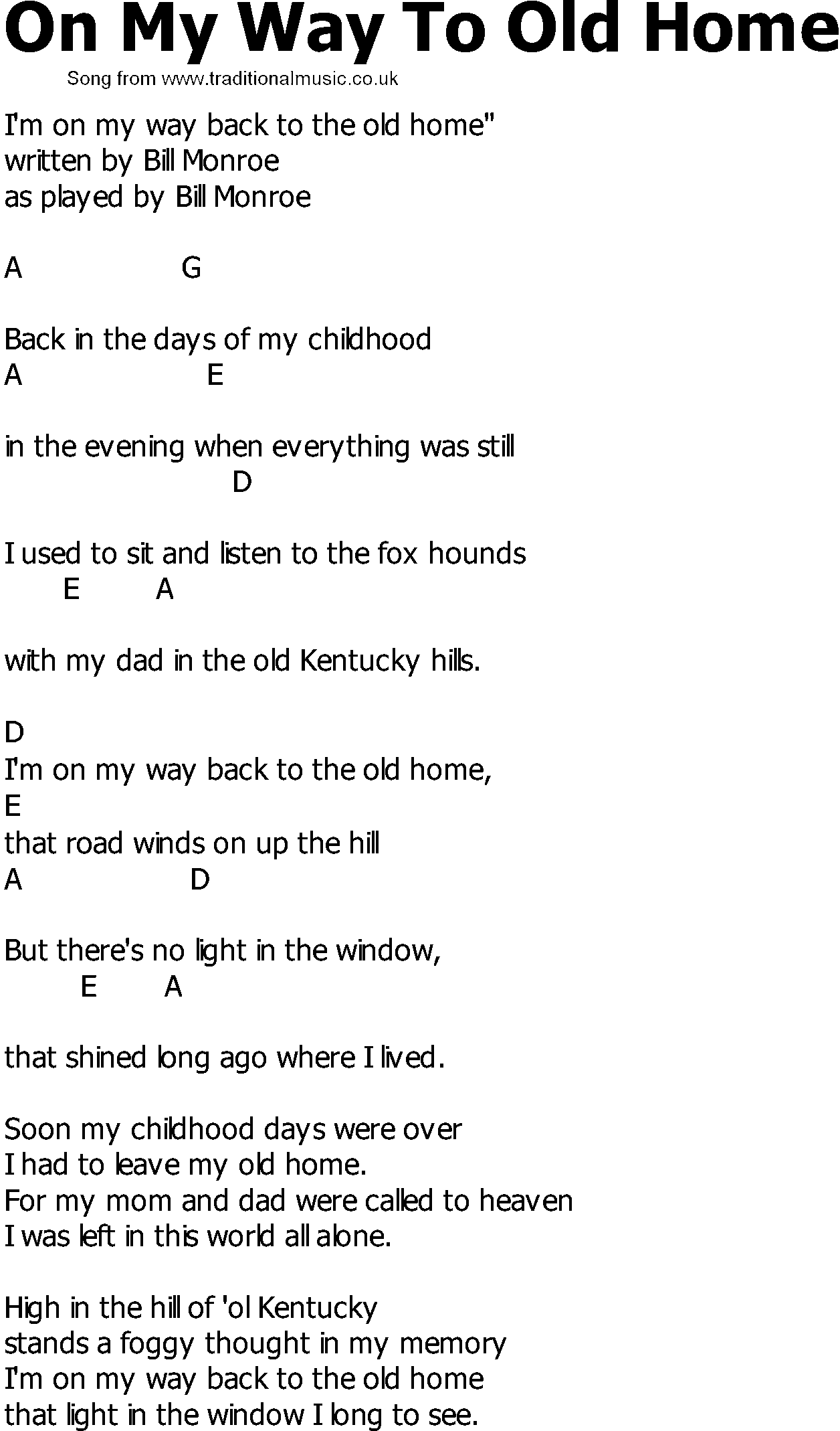 Old Country song lyrics with chords - On My Way To Old Home
