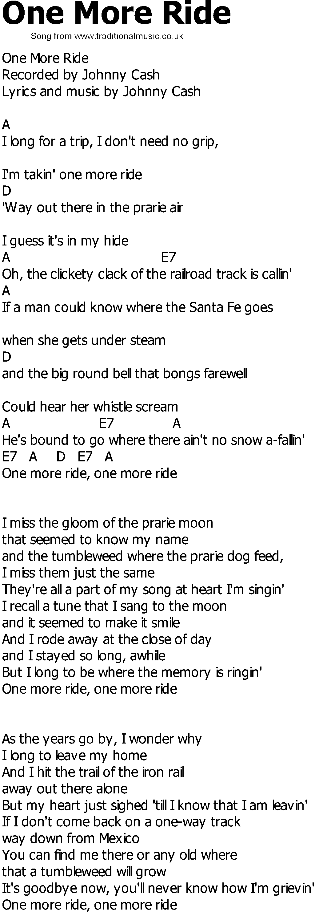 Old Country song lyrics with chords - One More Ride
