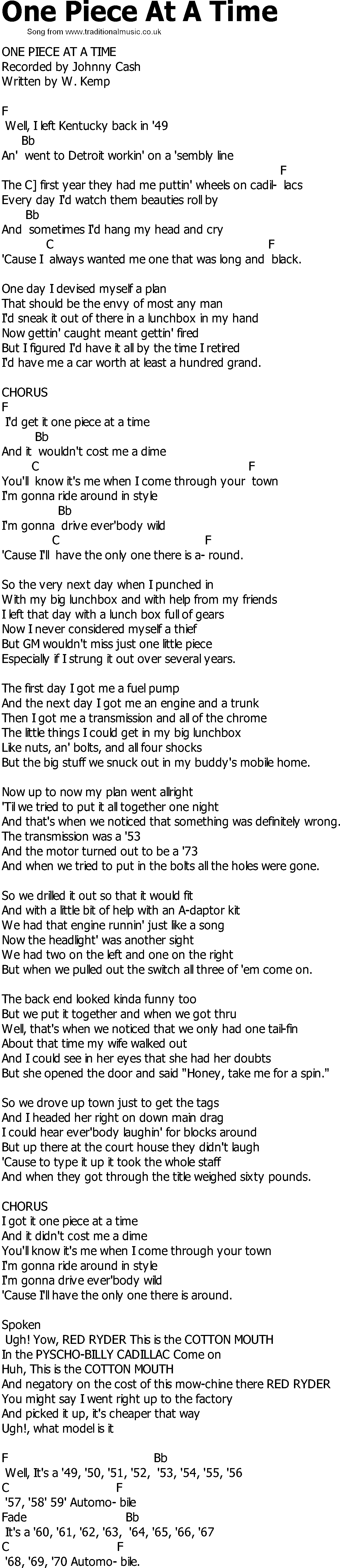 Old Country song lyrics with chords - One Piece At A Time