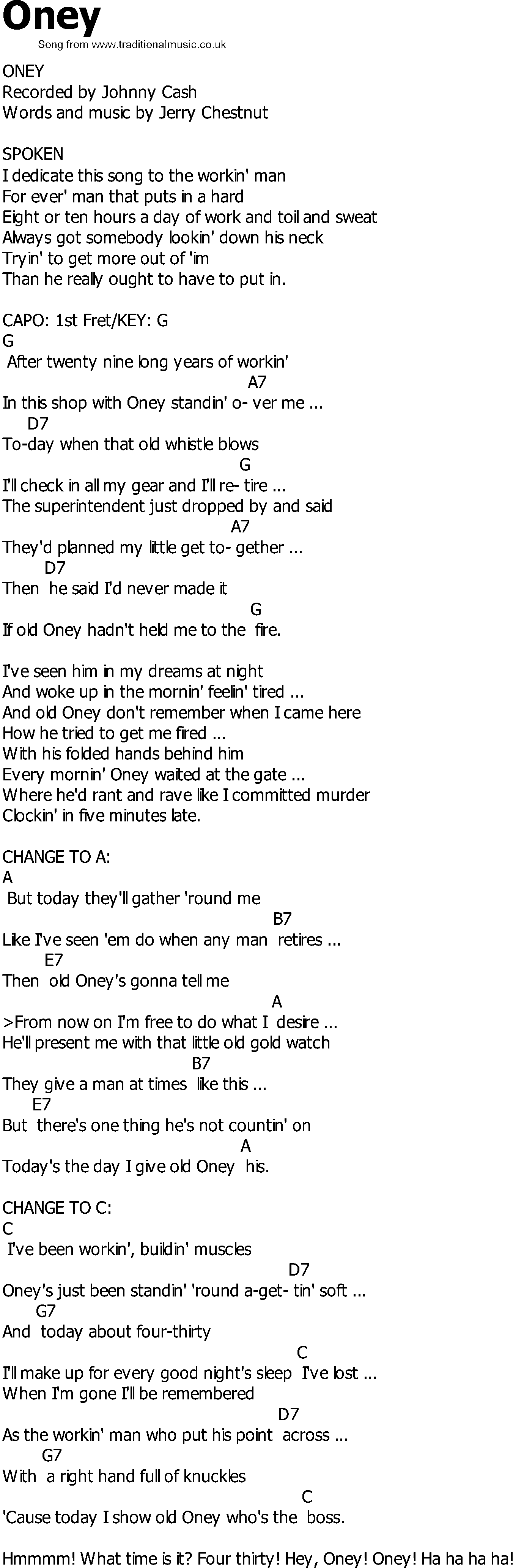 Old Country song lyrics with chords - Oney