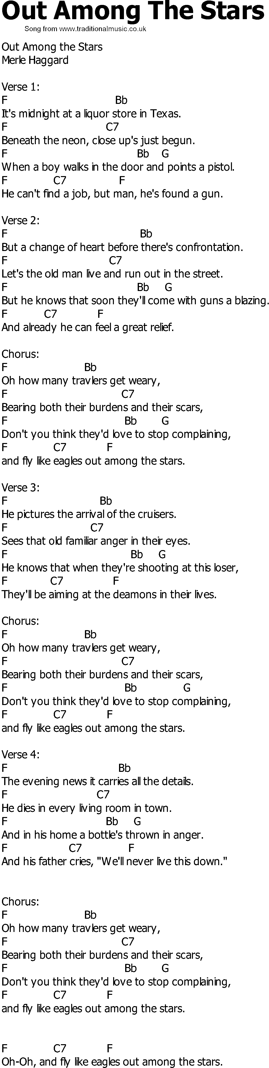 Old Country song lyrics with chords - Out Among The Stars