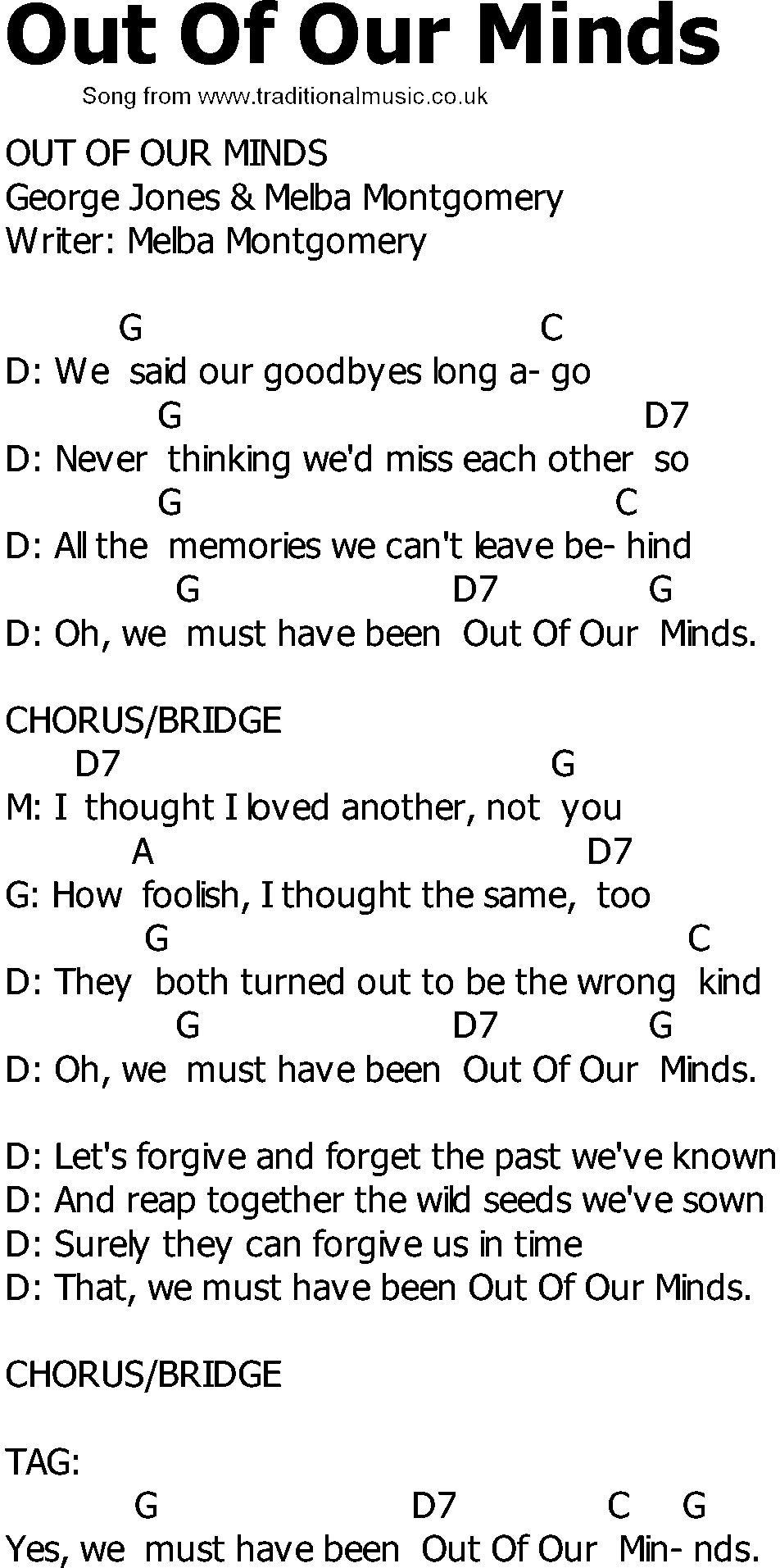 Old Country song lyrics with chords - Out Of Our Minds