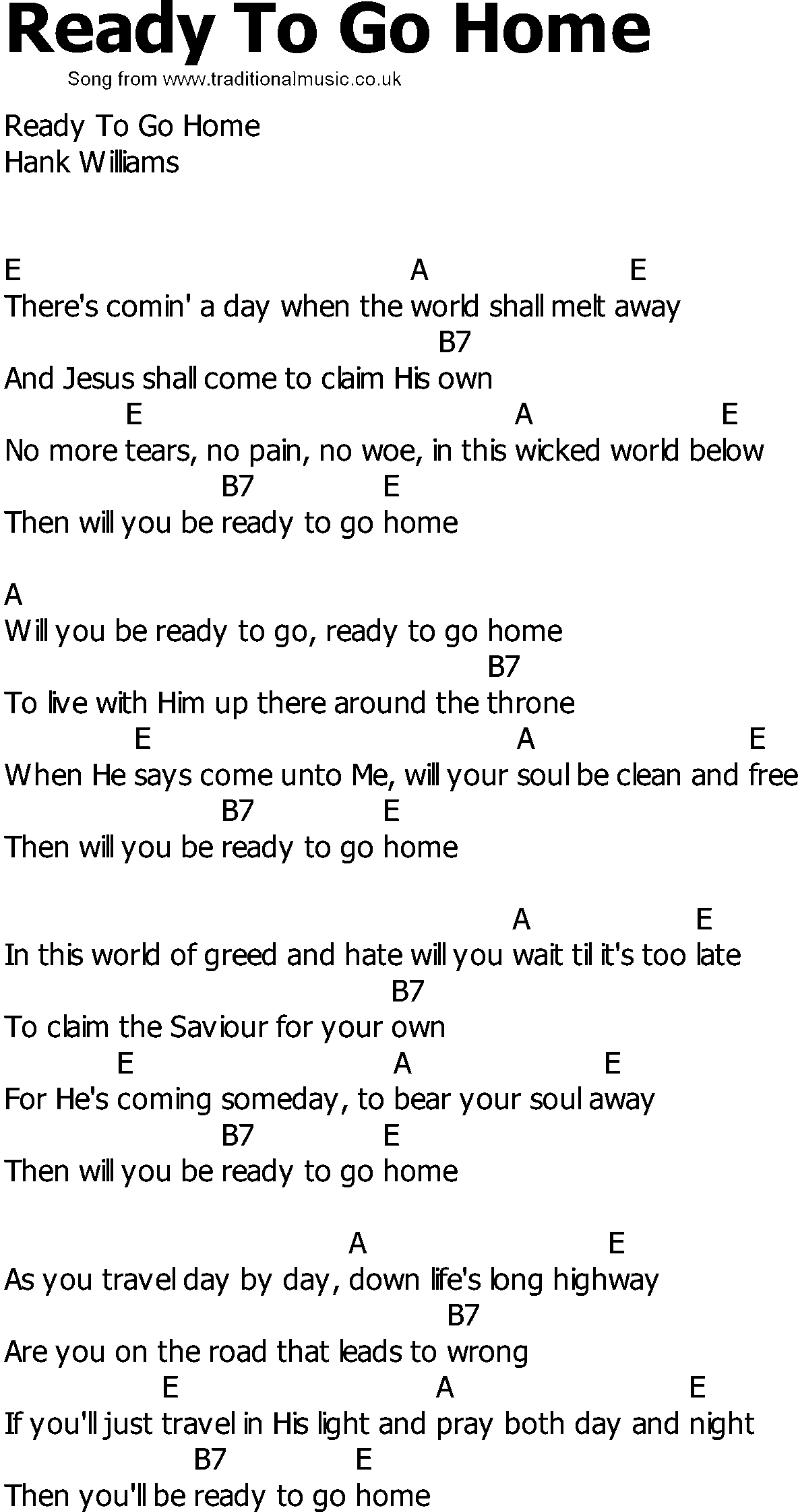 Old Country song lyrics with chords - Ready To Go Home