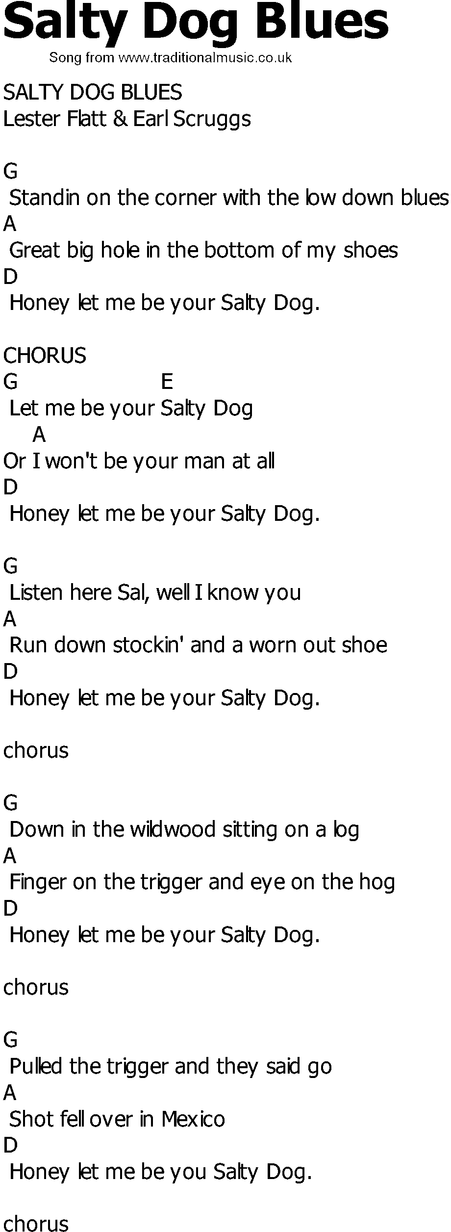 Old Country song lyrics with chords - Salty Dog Blues