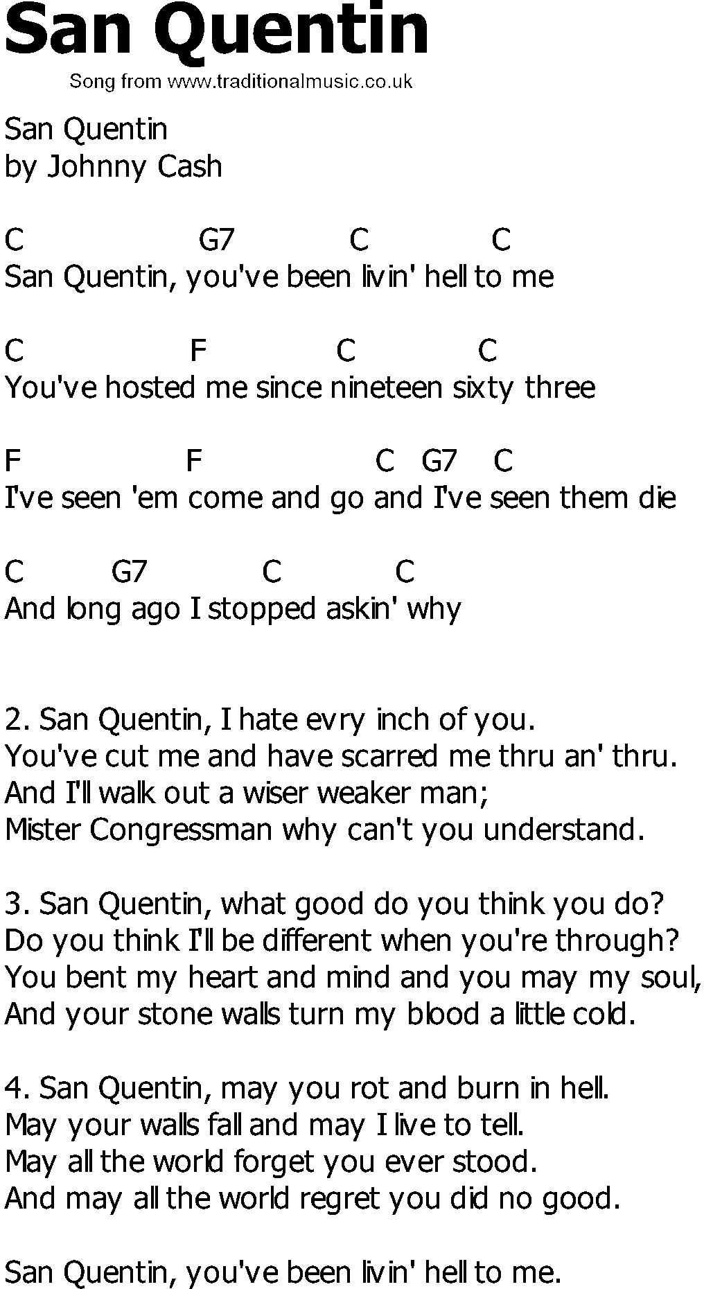 Old Country song lyrics with chords - San Quentin