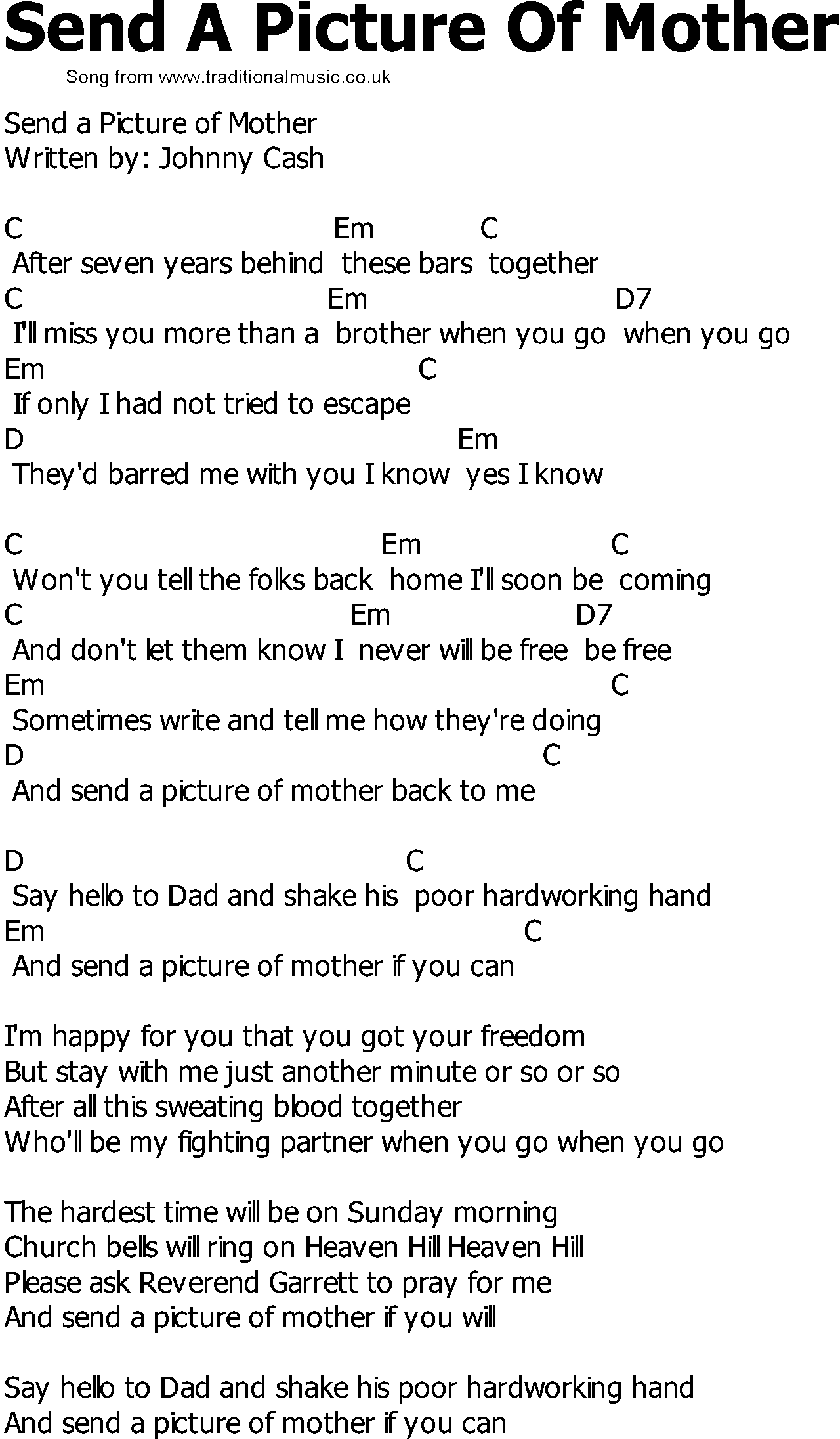 Old Country song lyrics with chords - Send A Picture Of Mother