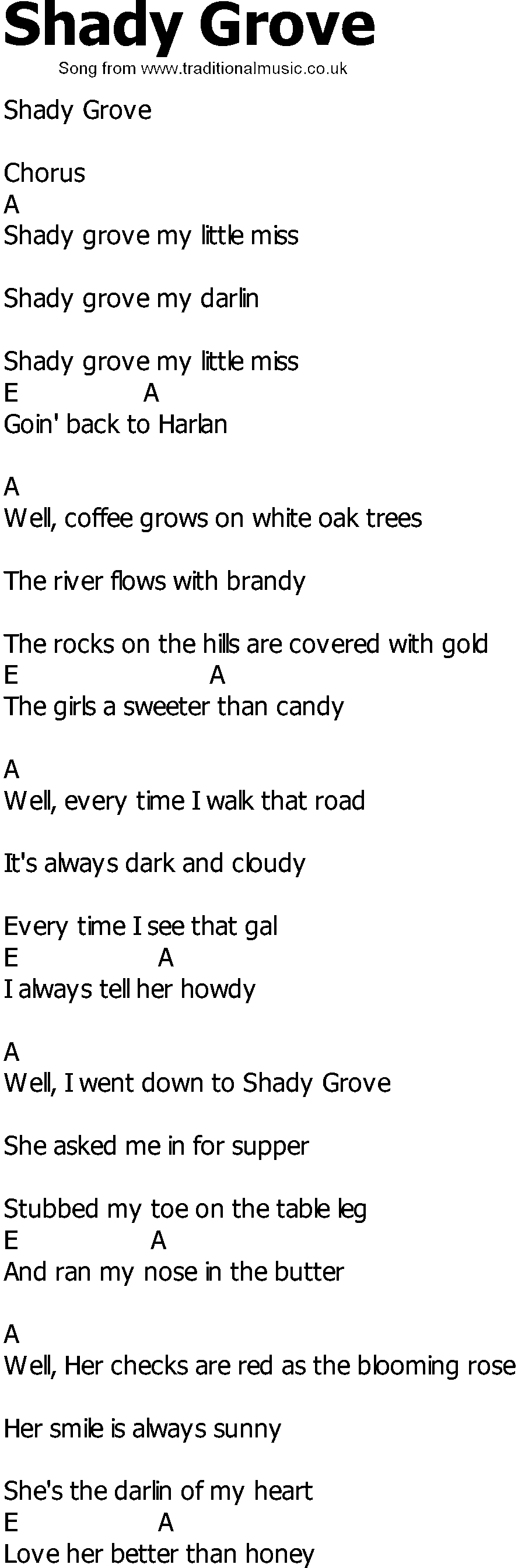 Old Country song lyrics with chords - Shady Grove