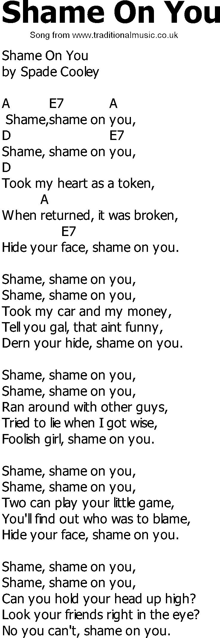 Old Country song lyrics with chords - Shame On You