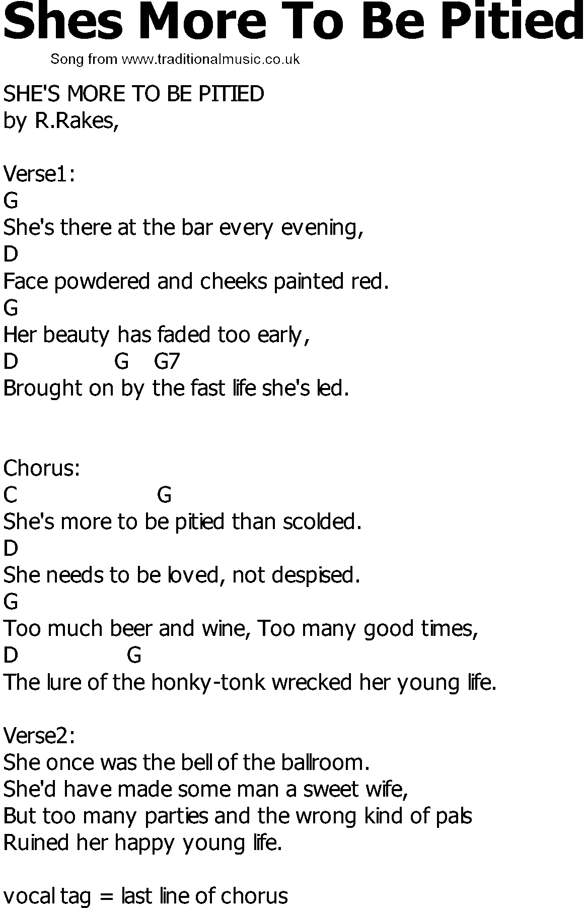 Old Country song lyrics with chords - Shes More To Be Pitied