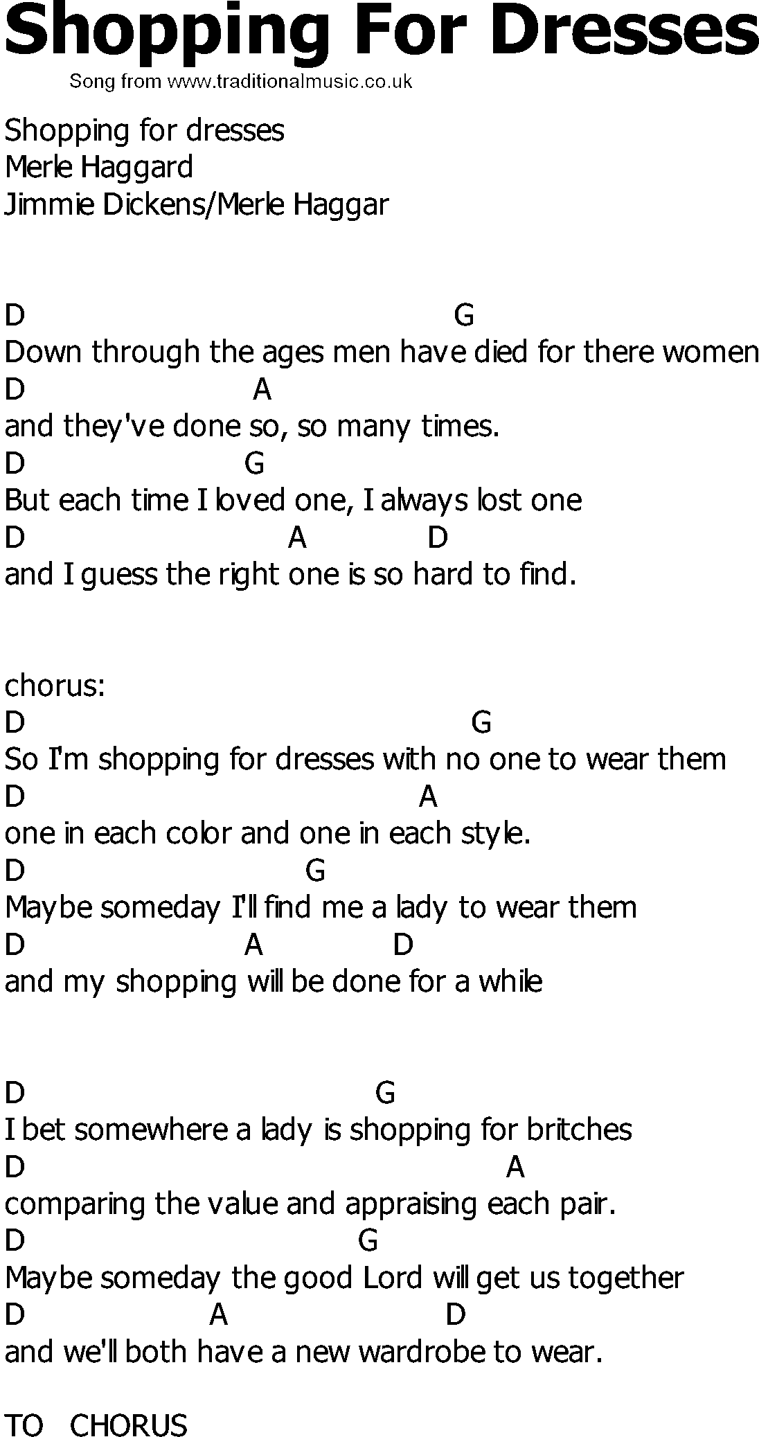 Old Country song lyrics with chords - Shopping For Dresses