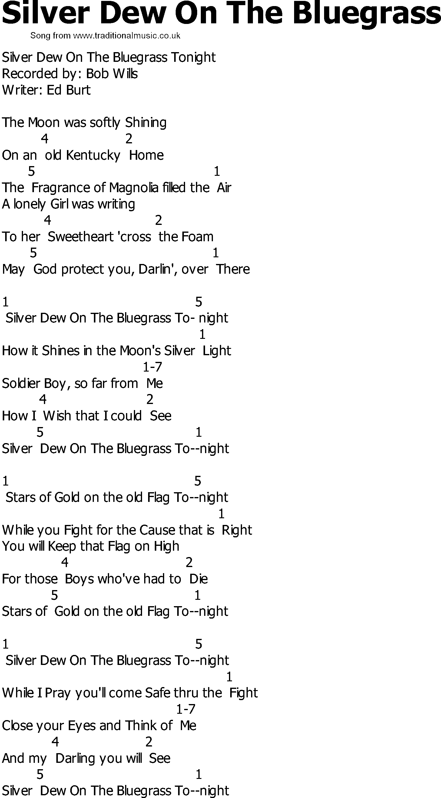 Old Country song lyrics with chords - Silver Dew On The Bluegrass