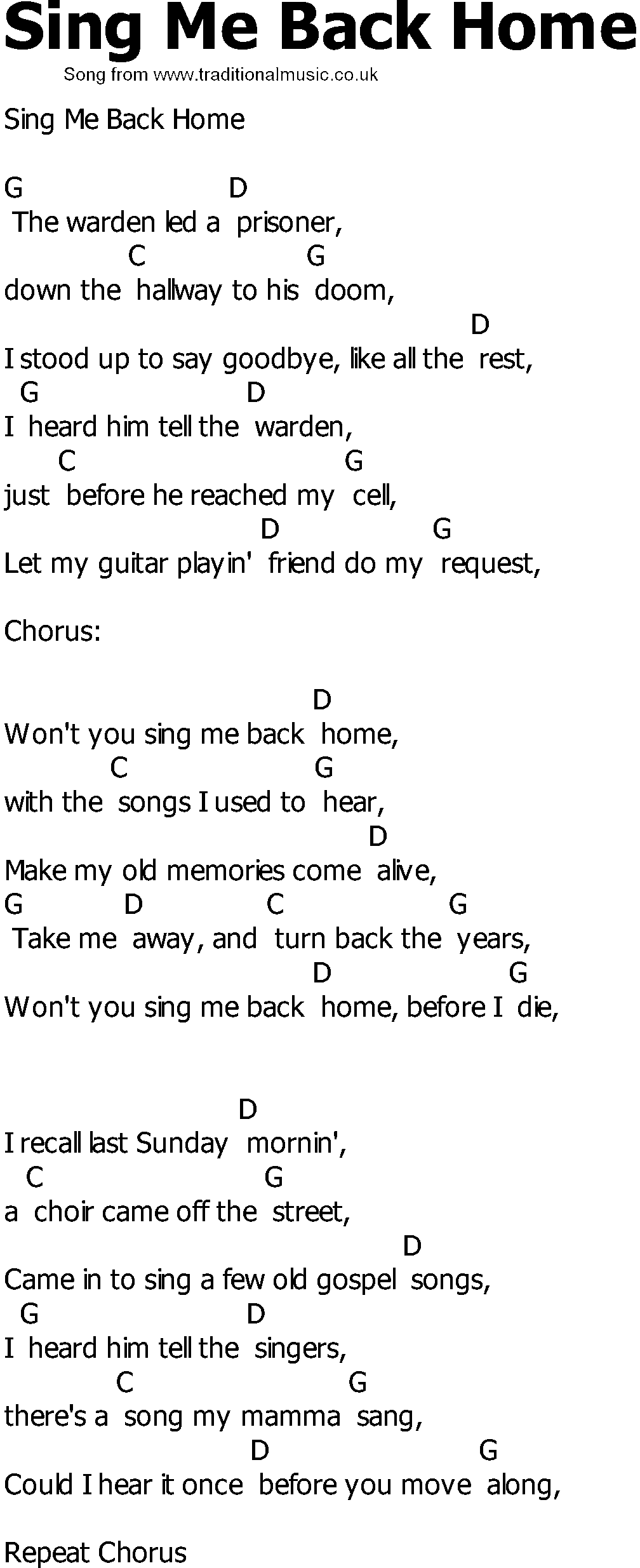 Old Country song lyrics with chords - Sing Me Back Home
