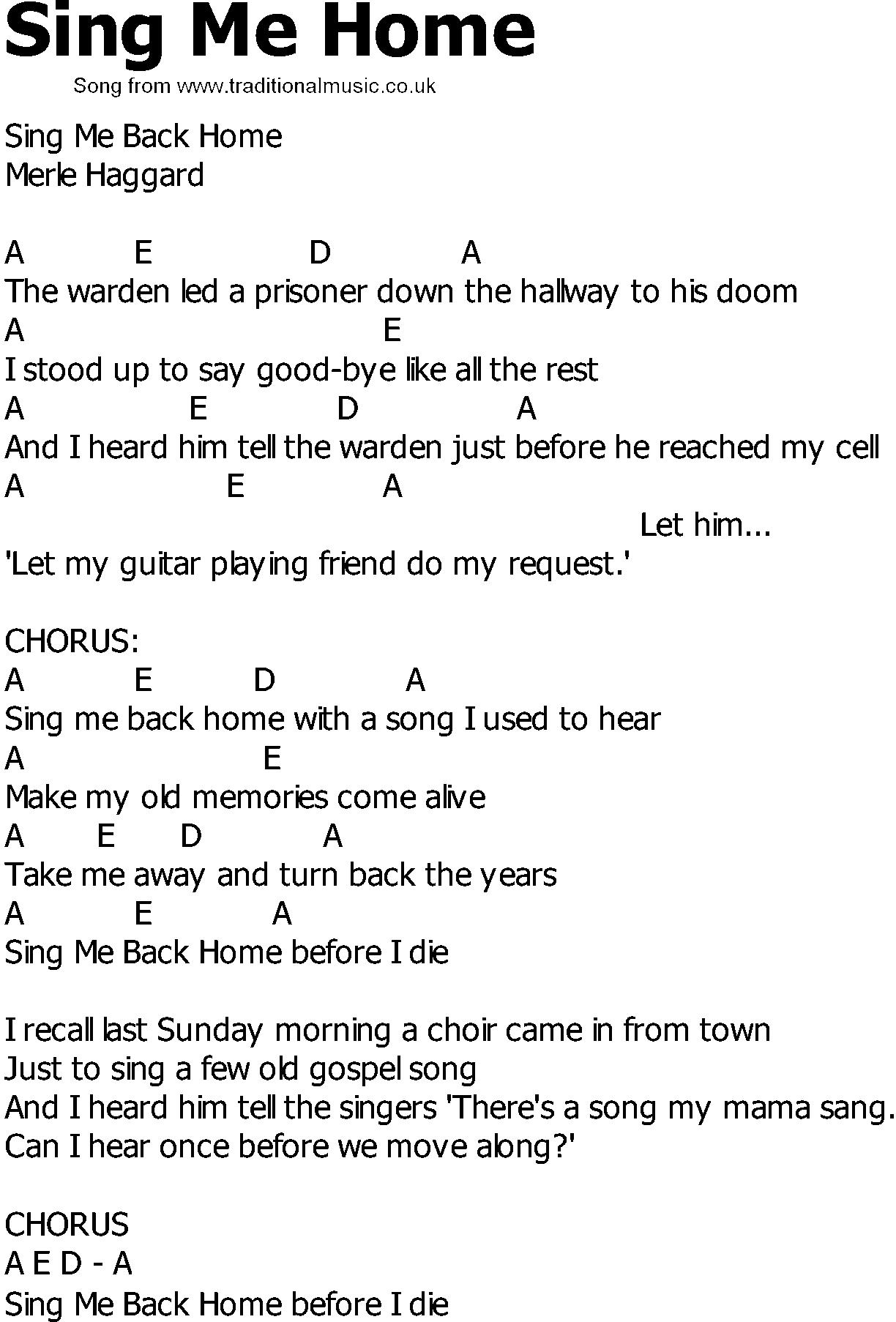 Old Country song lyrics with chords - Sing Me Home