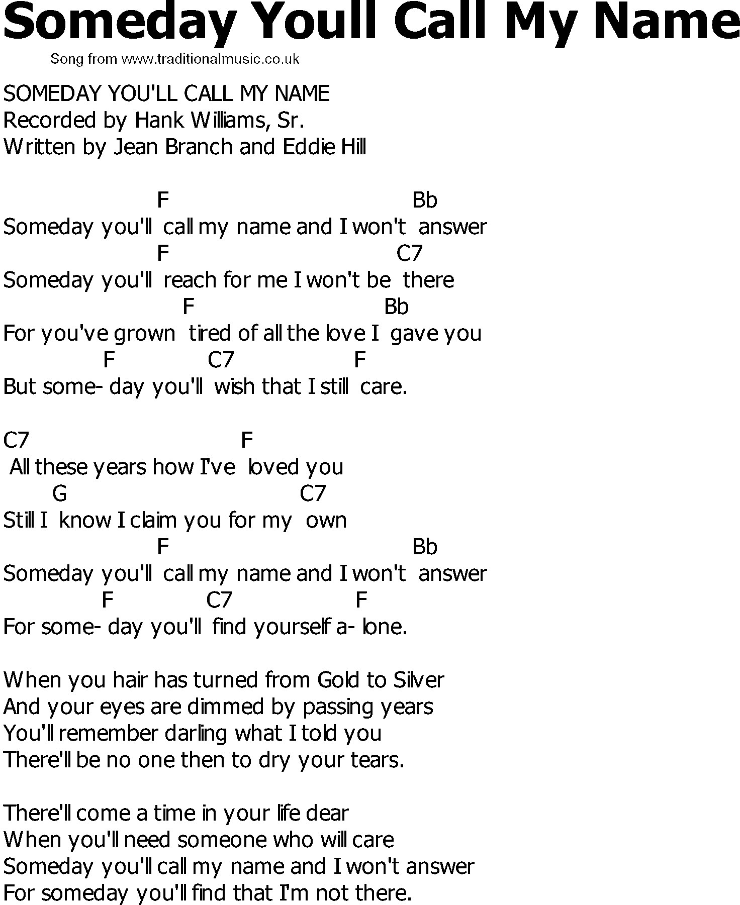 Old Country song lyrics with chords - Someday Youll Call My Name