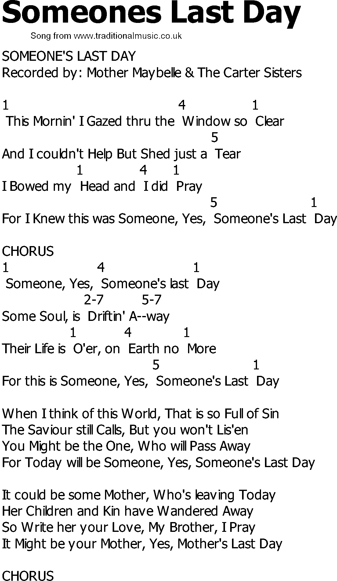 Old Country song lyrics with chords - Someones Last Day