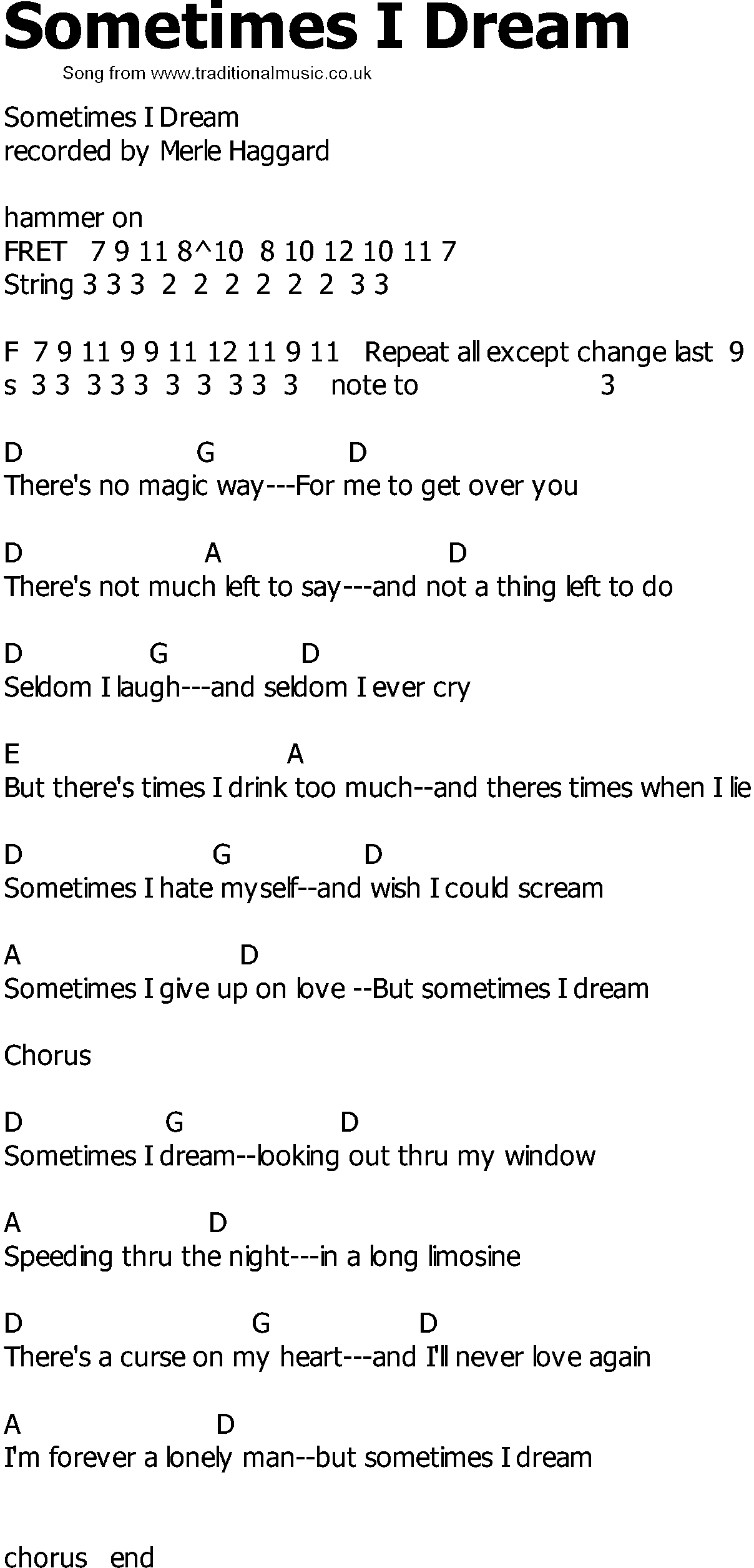 Old Country song lyrics with chords - Sometimes I Dream