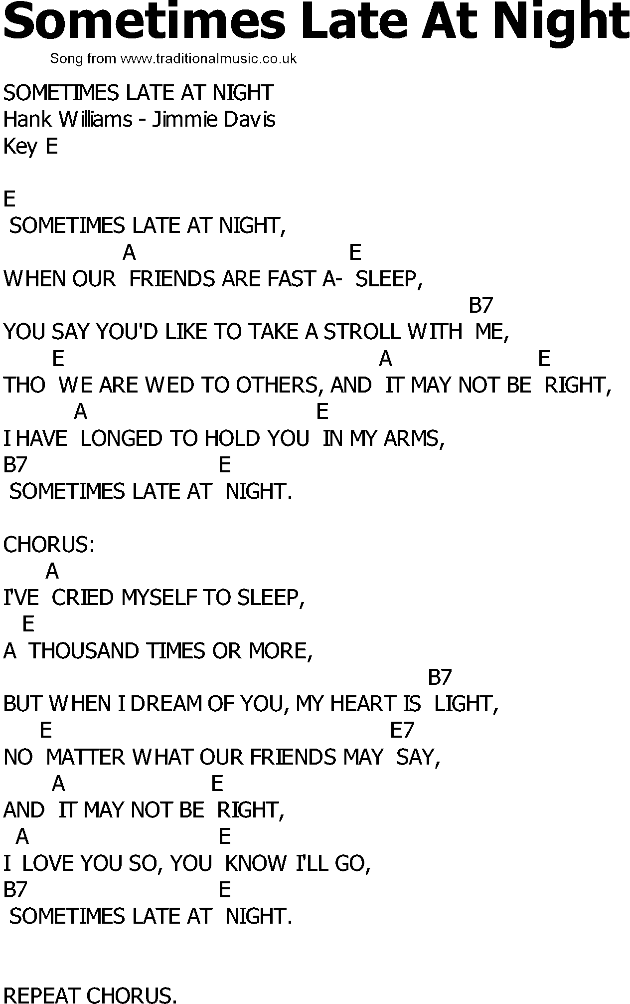 Old Country song lyrics with chords - Sometimes Late At Night