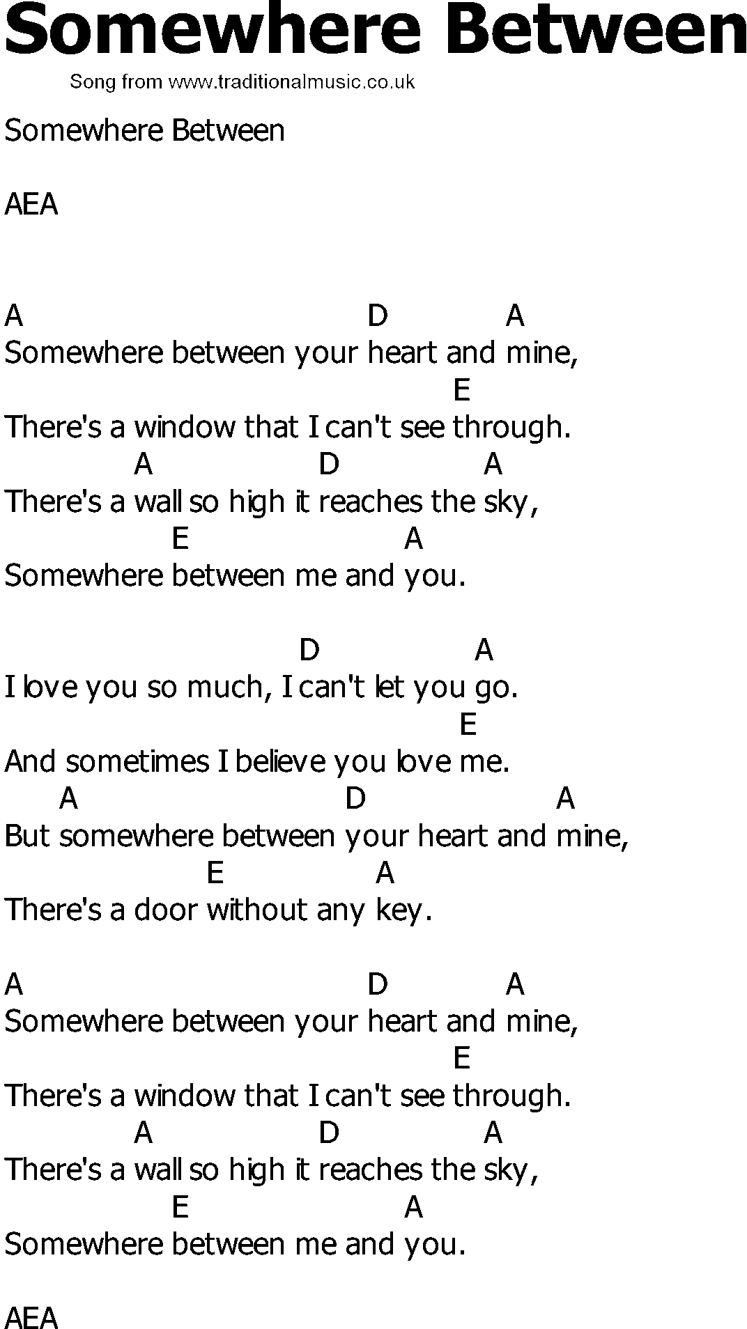Old Country song lyrics with chords - Somewhere Between