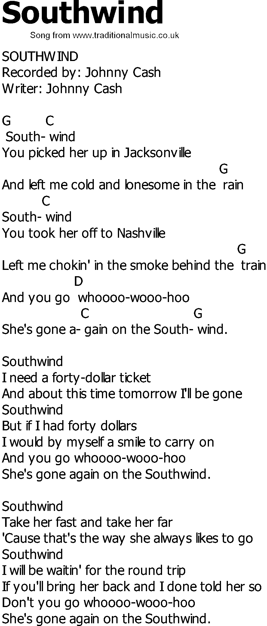 Old Country song lyrics with chords - Southwind