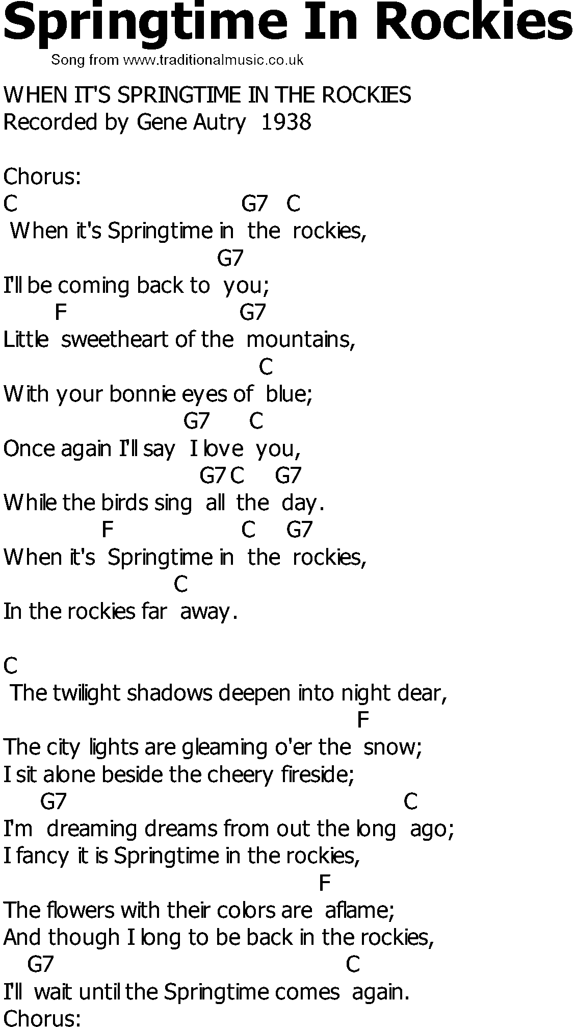 Old Country song lyrics with chords - Springtime In Rockies