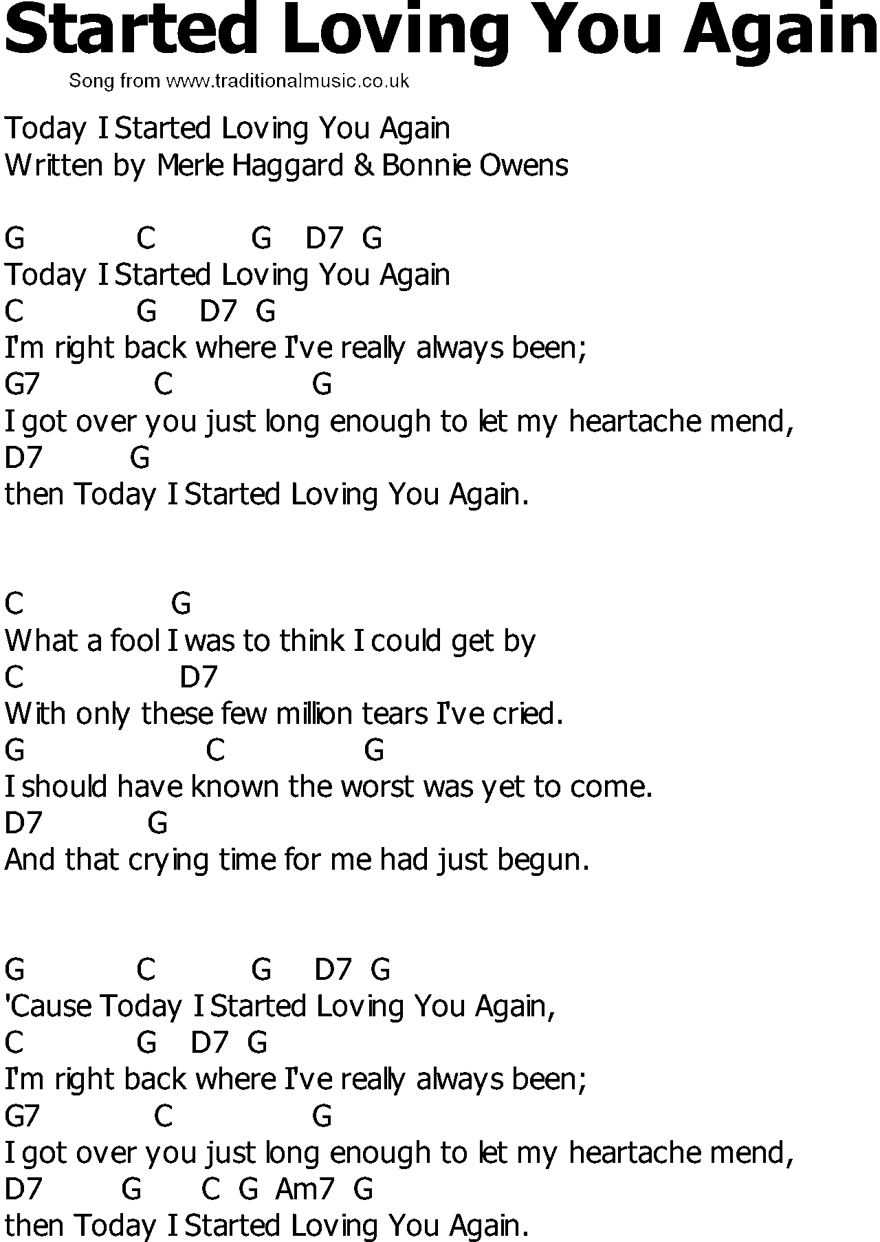 Old Country song lyrics with chords - Started Loving You Again