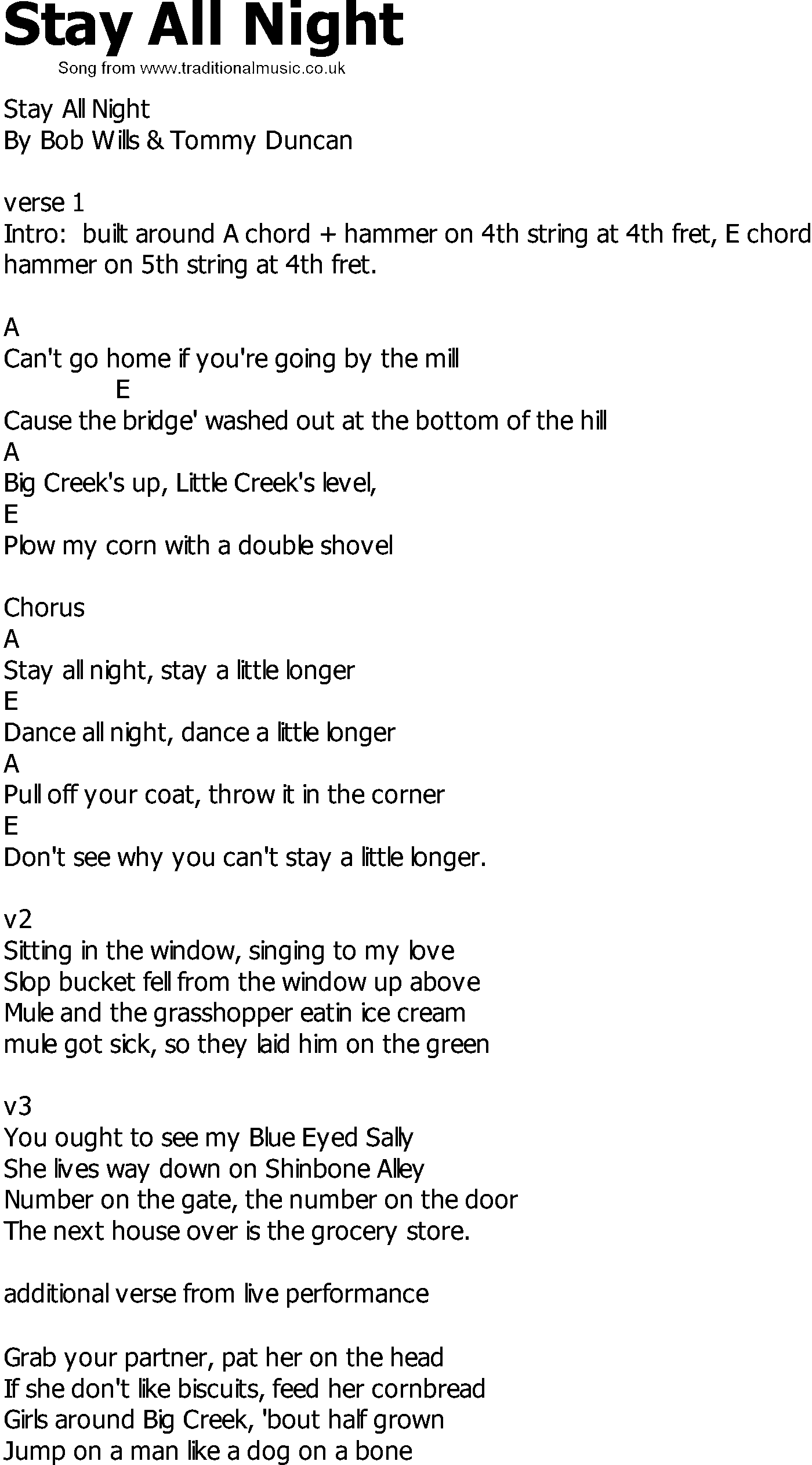 Old Country song lyrics with chords - Stay All Night