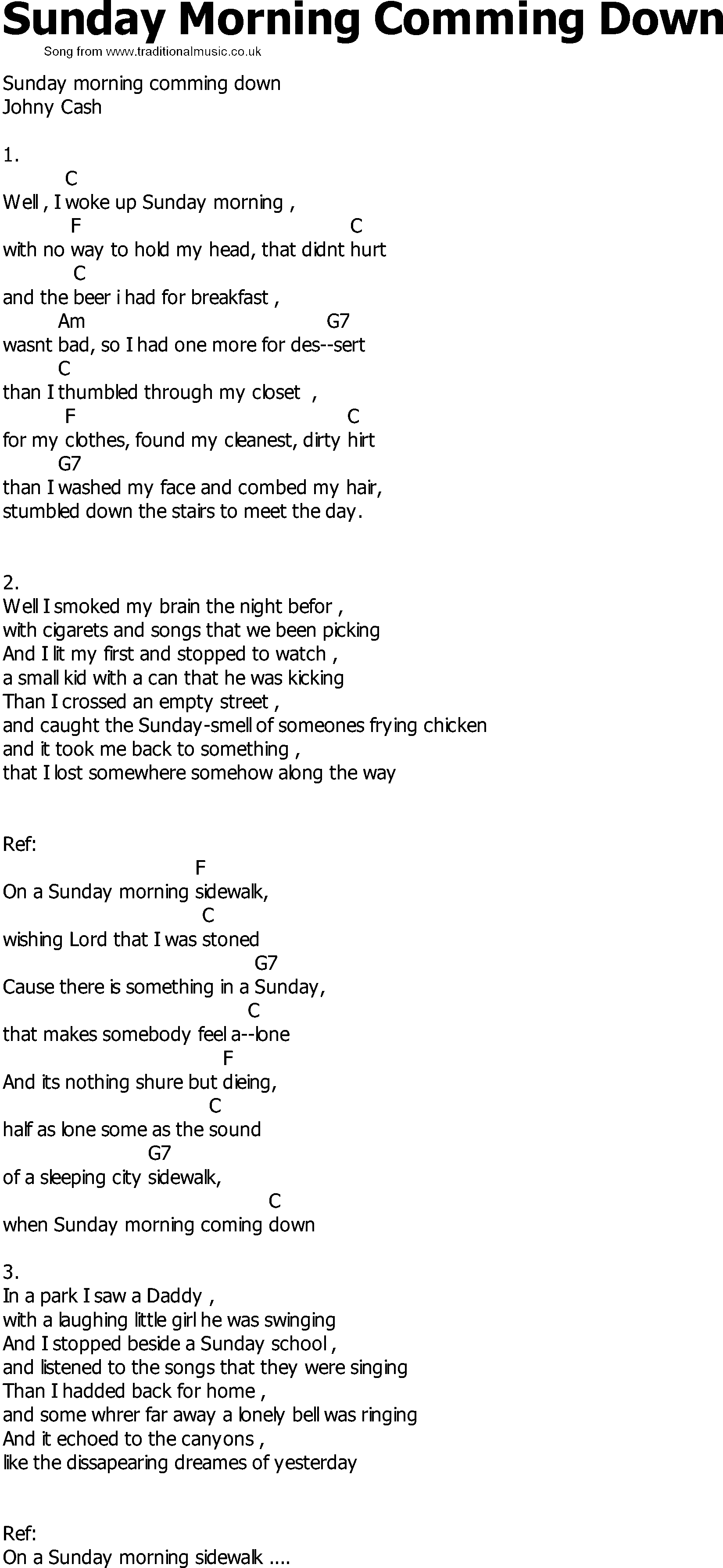Old Country song lyrics with chords - Sunday Morning Comming Down