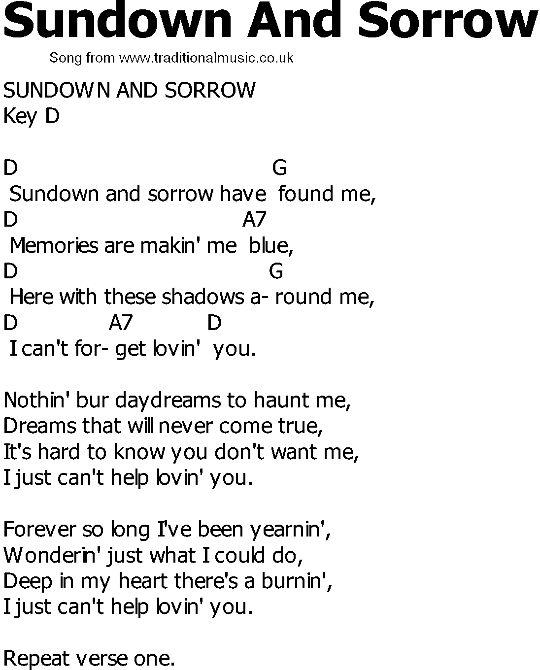Old Country song lyrics with chords - Sundown And Sorrow