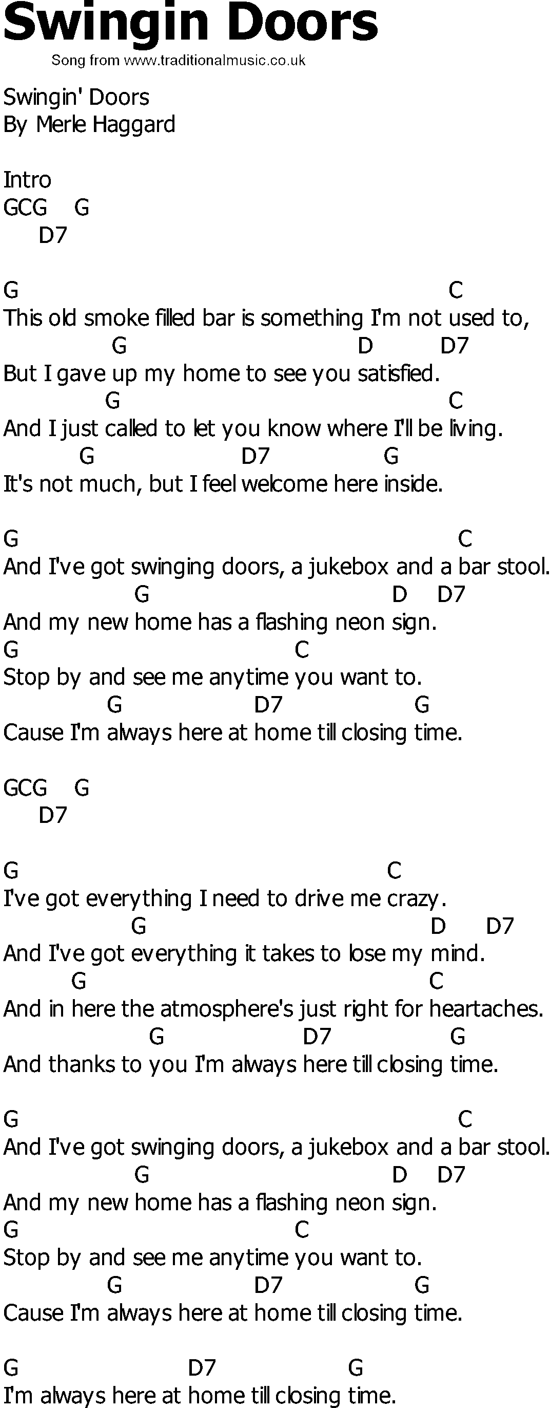 Old Country song lyrics with chords - Swingin Doors
