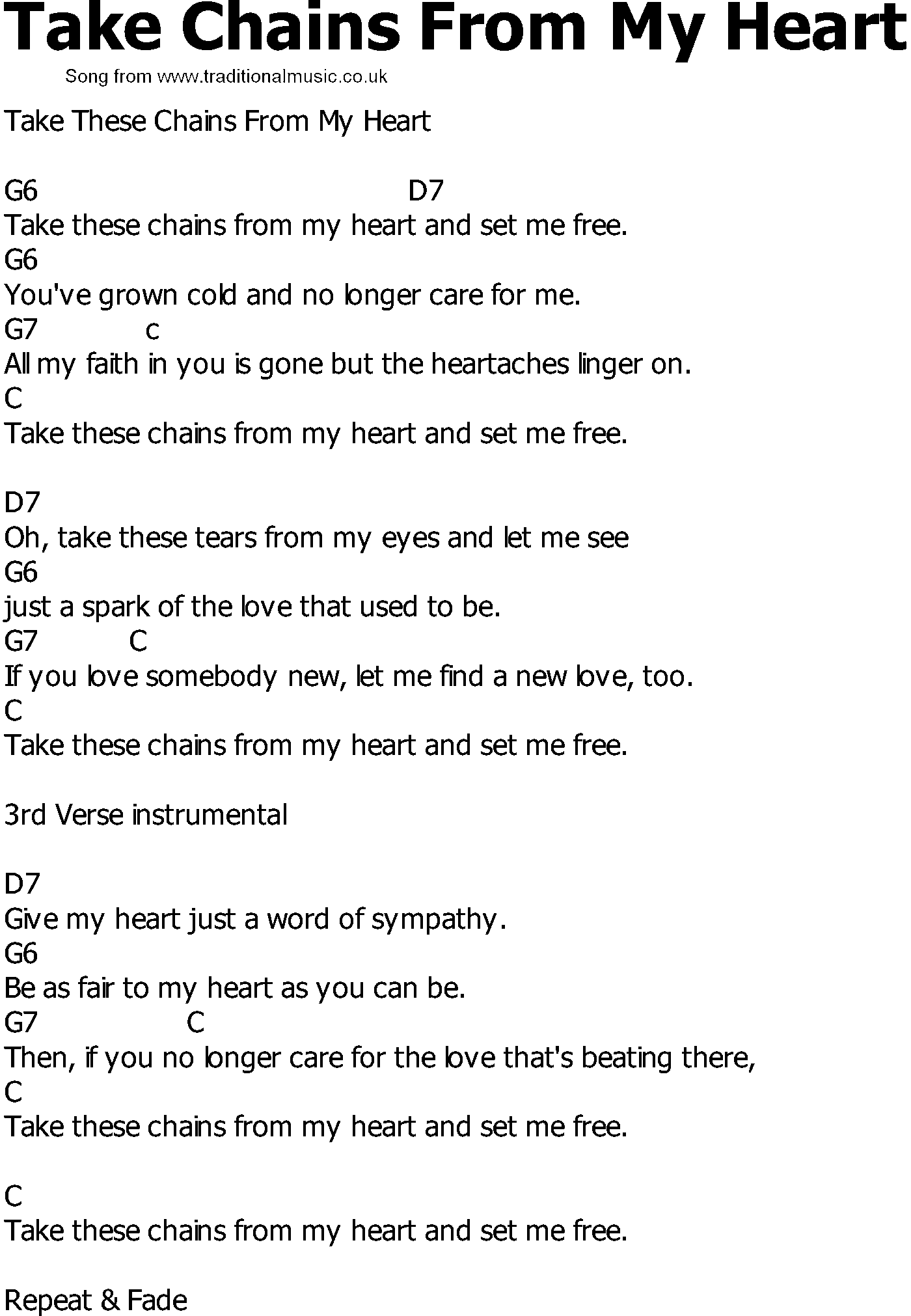 Old Country song lyrics with chords - Take Chains From My Heart