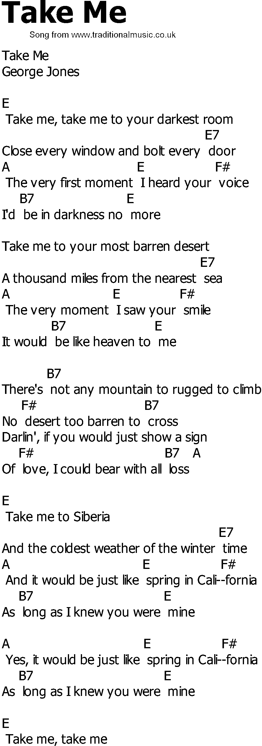 Old Country song lyrics with chords - Take Me