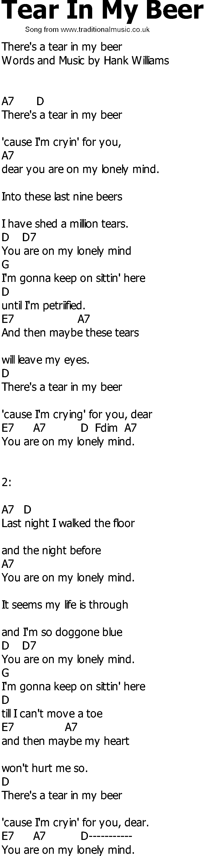 Old Country song lyrics with chords - Tear In My Beer
